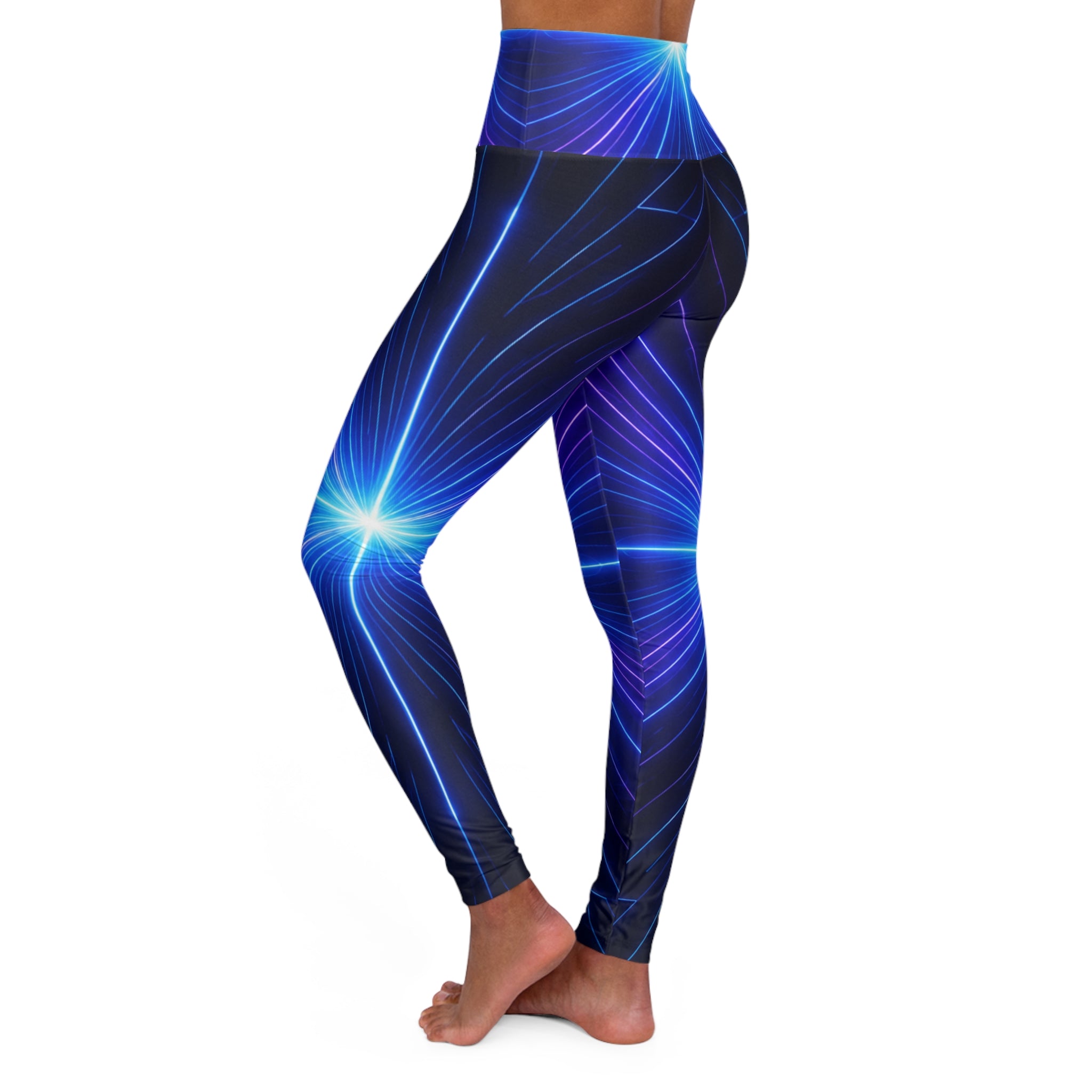 PRB Blue Neon Wave Leggings high waisted yoga leggings | galaxy light pattern by Power Runs Black
