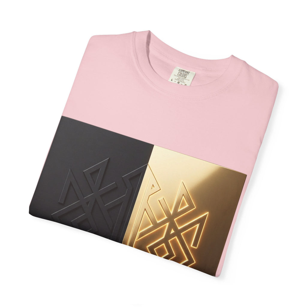 Power Runs Black PRB Geometric Split Glow T-Shirt — Black & Gold Tribal Diamond Graphic by Power Runs Black