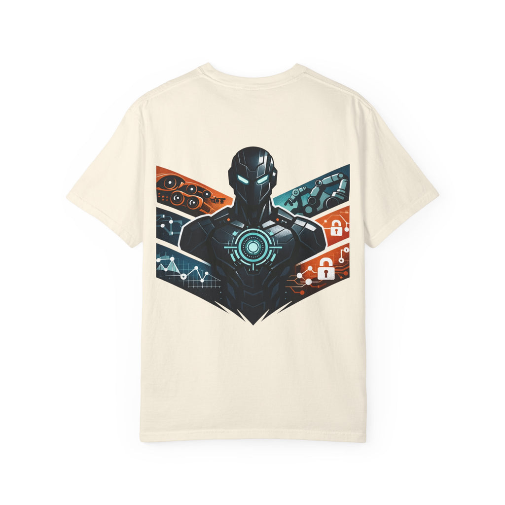 Power Runs Black Cyberframe Unit T-Shirt — Futuristic Tech Armor Graphic Tee by Power Runs Black