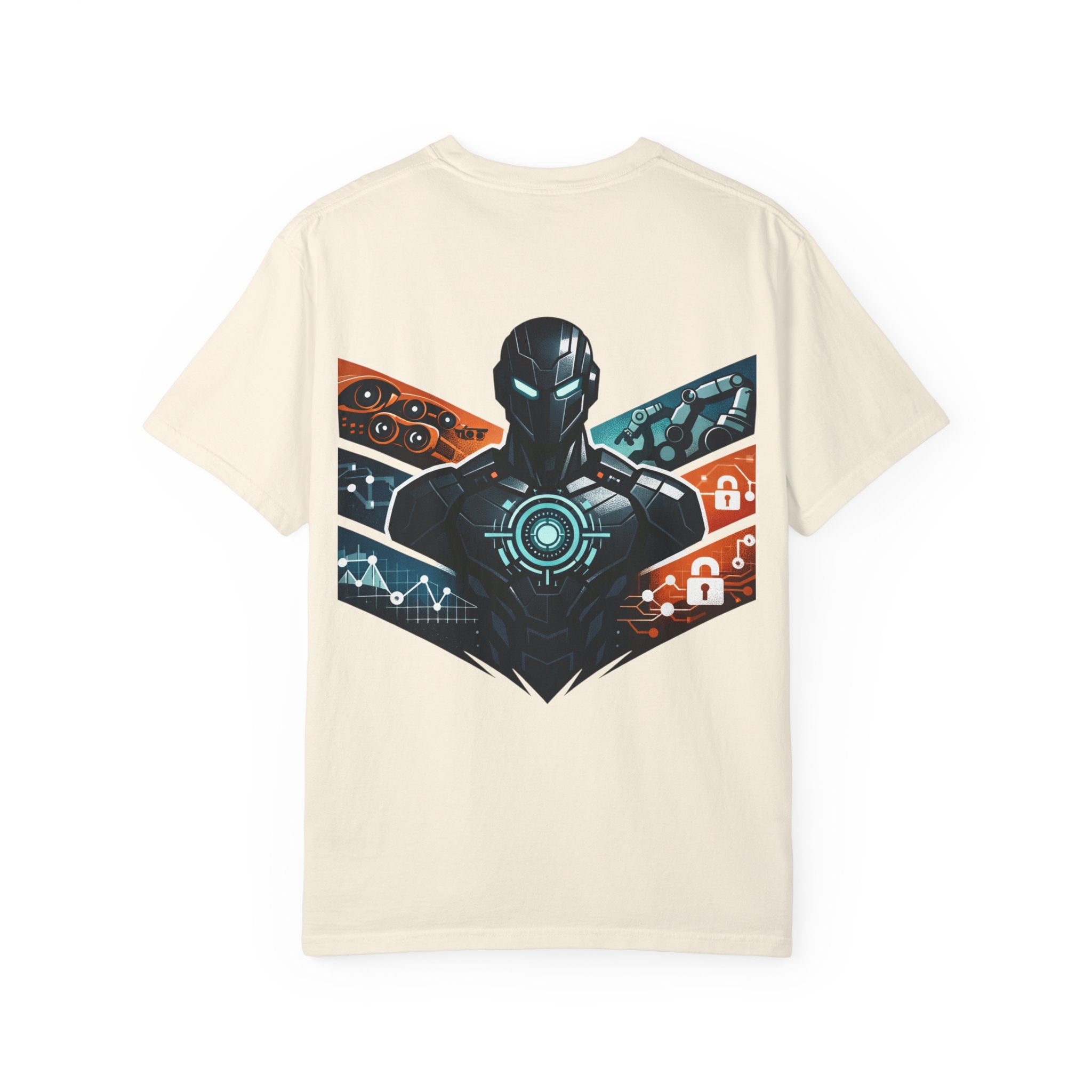 Power Runs Black Cyberframe Unit T-Shirt — Futuristic Tech Armor Graphic Tee by Power Runs Black
