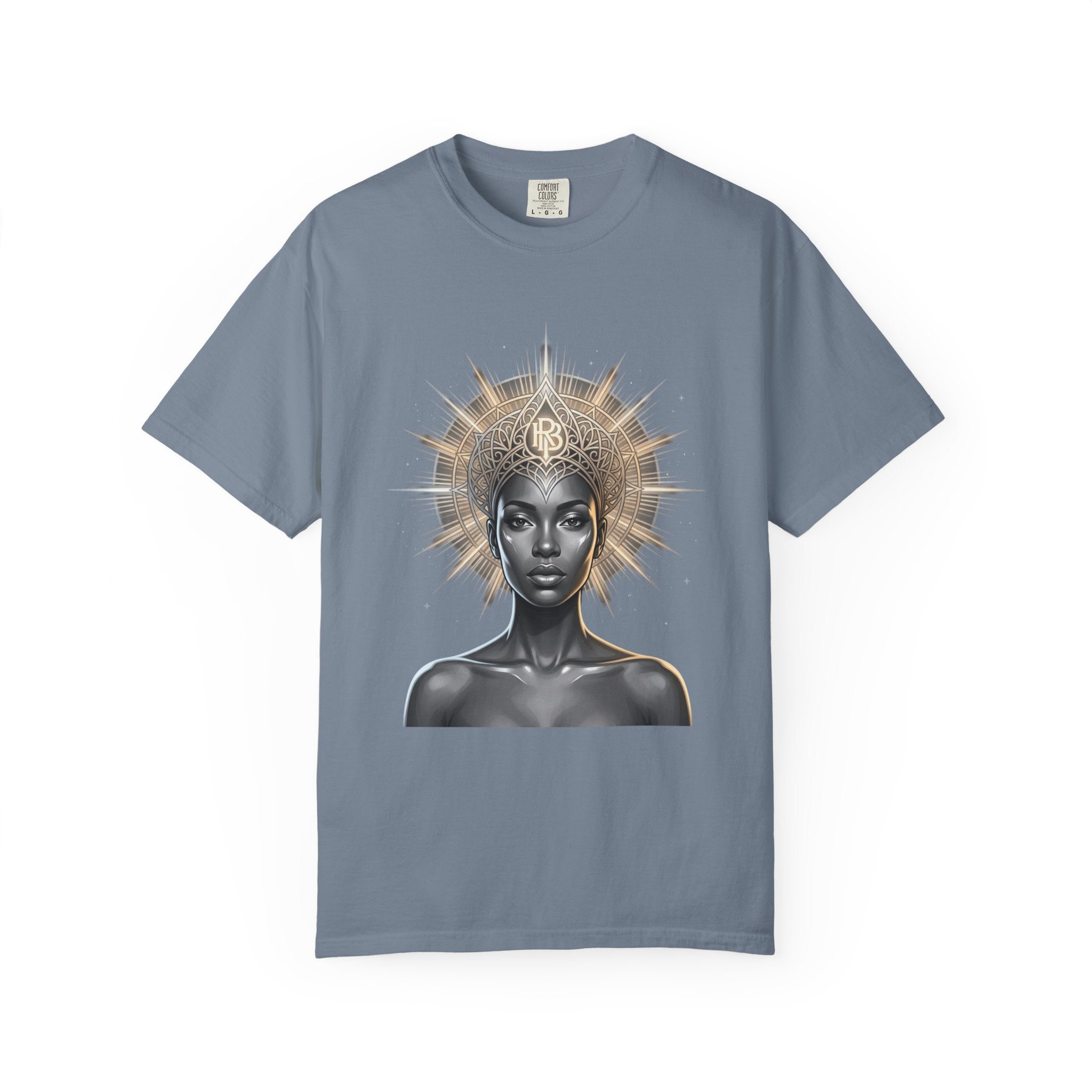 Printify PRB Goddess Halo T‑Shirt — Black Goddess Portrait with Ornate Gold Headdress - T-Shirt