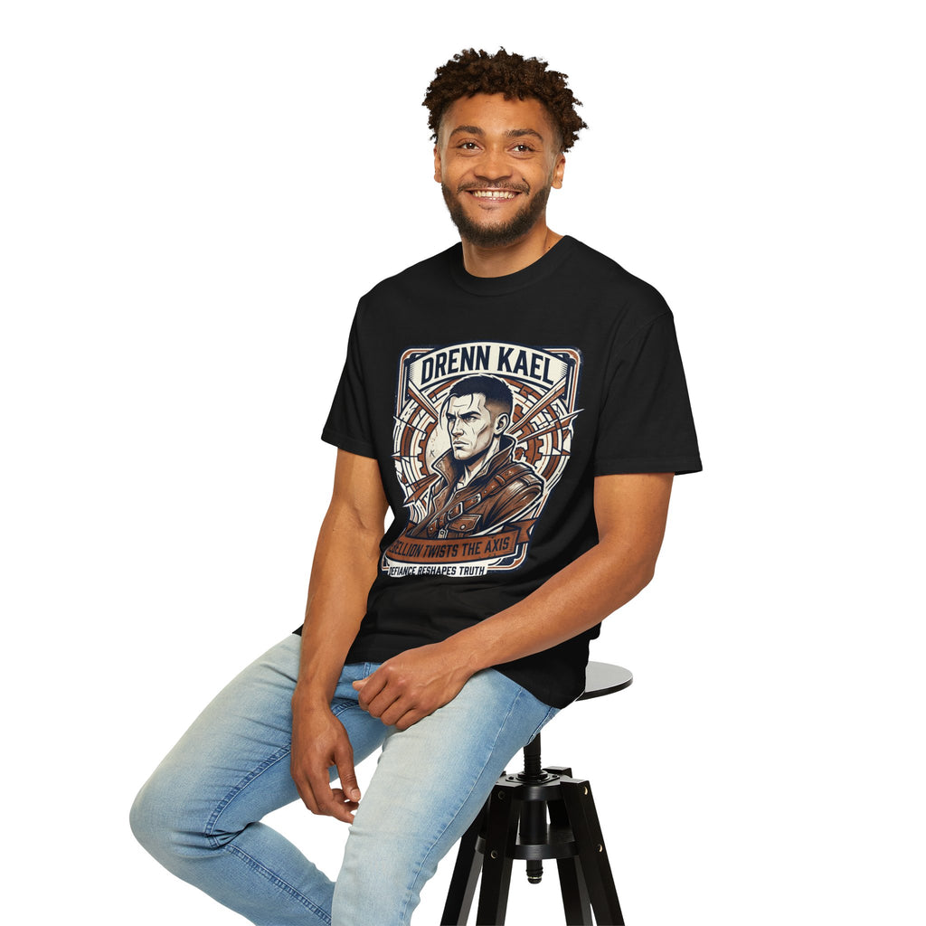 Power Runs Black PRB Drenn Kael Portrait T-Shirt — "Rebellion Twists the Axis" Graphic Tee by Printify
