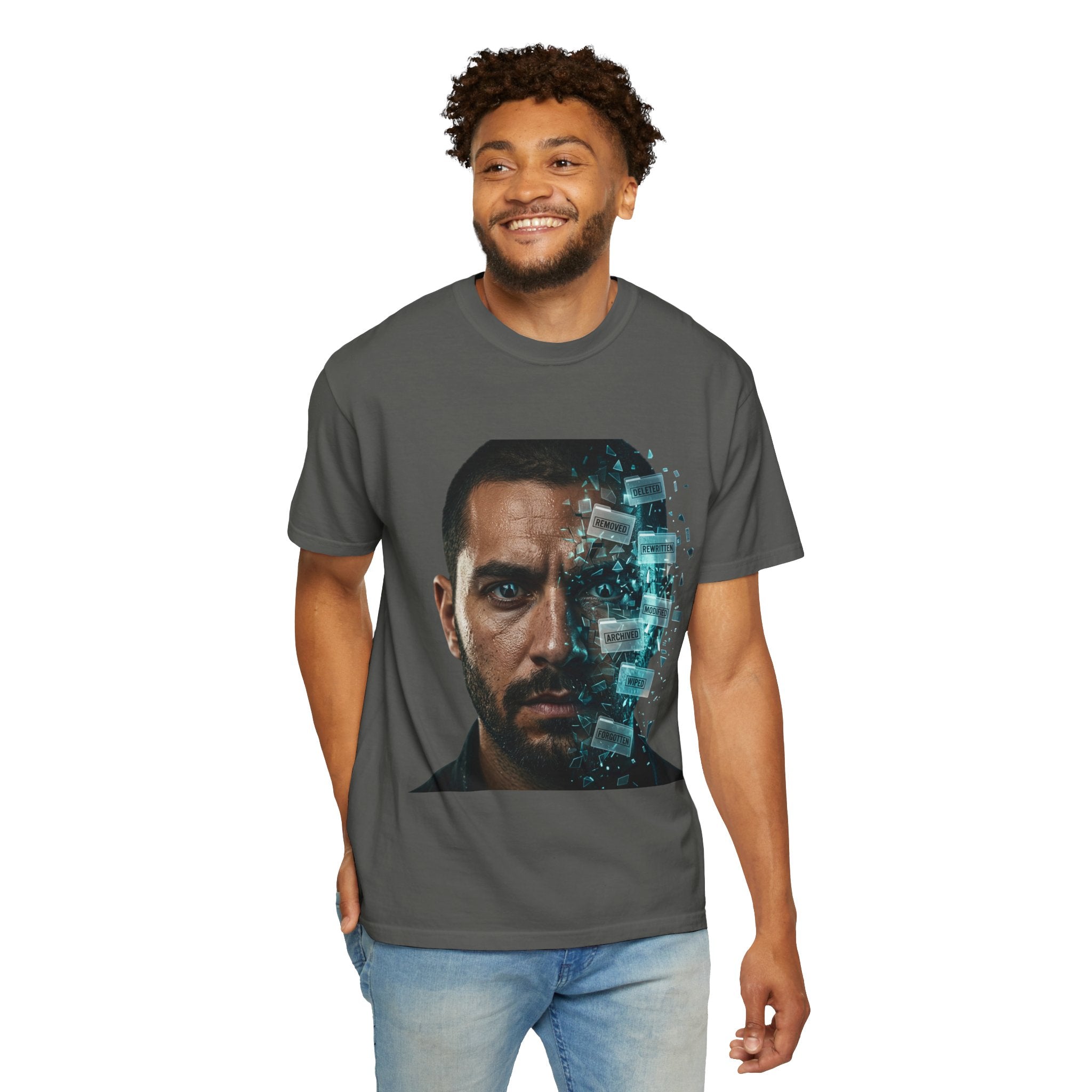Syndication Loop Cyberpunk Portrait Tee — Tech-Noir Graphic T-Shirt | Power Runs Black by Printify