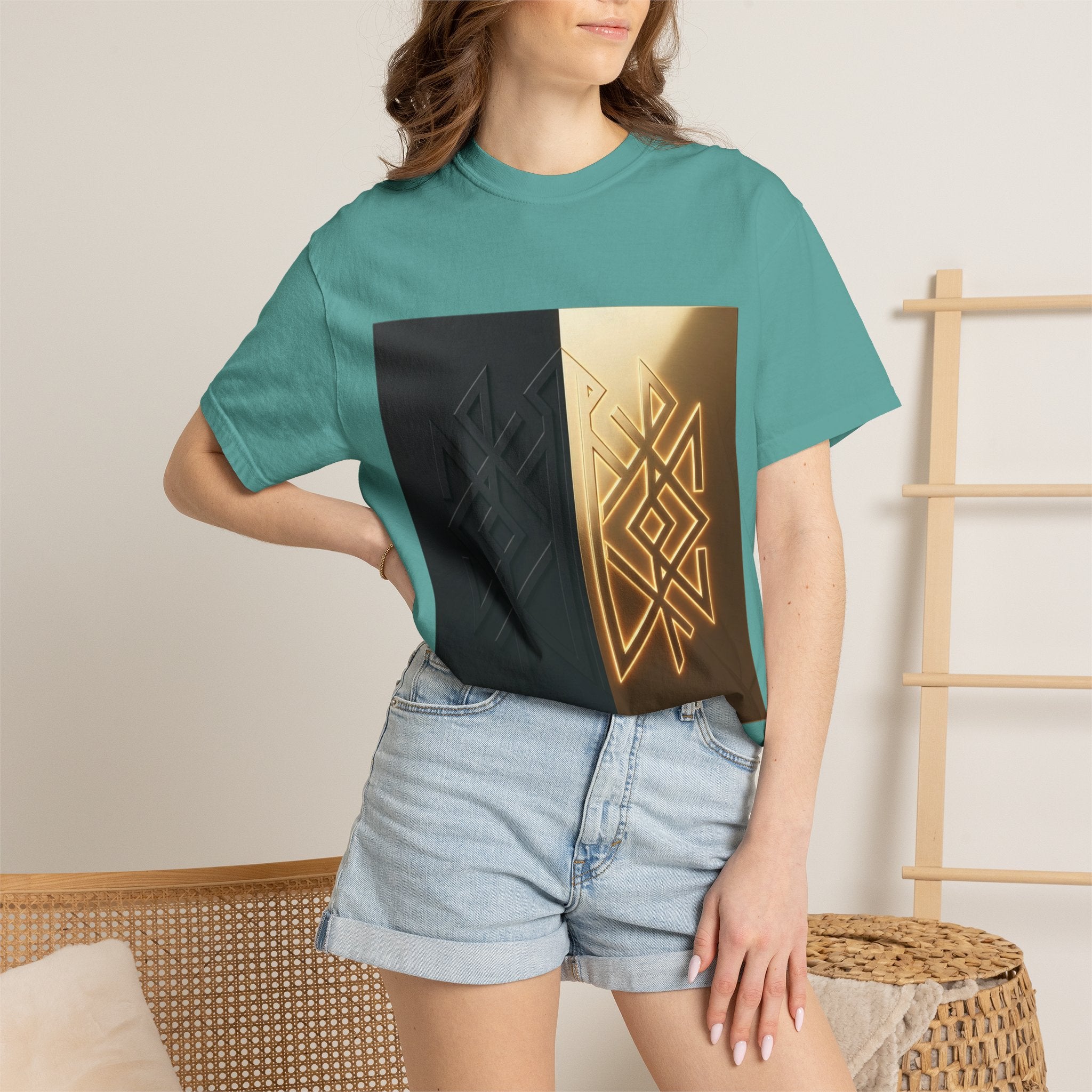 Power Runs Black PRB Geometric Split Glow T-Shirt — Black & Gold Tribal Diamond Graphic by Power Runs Black