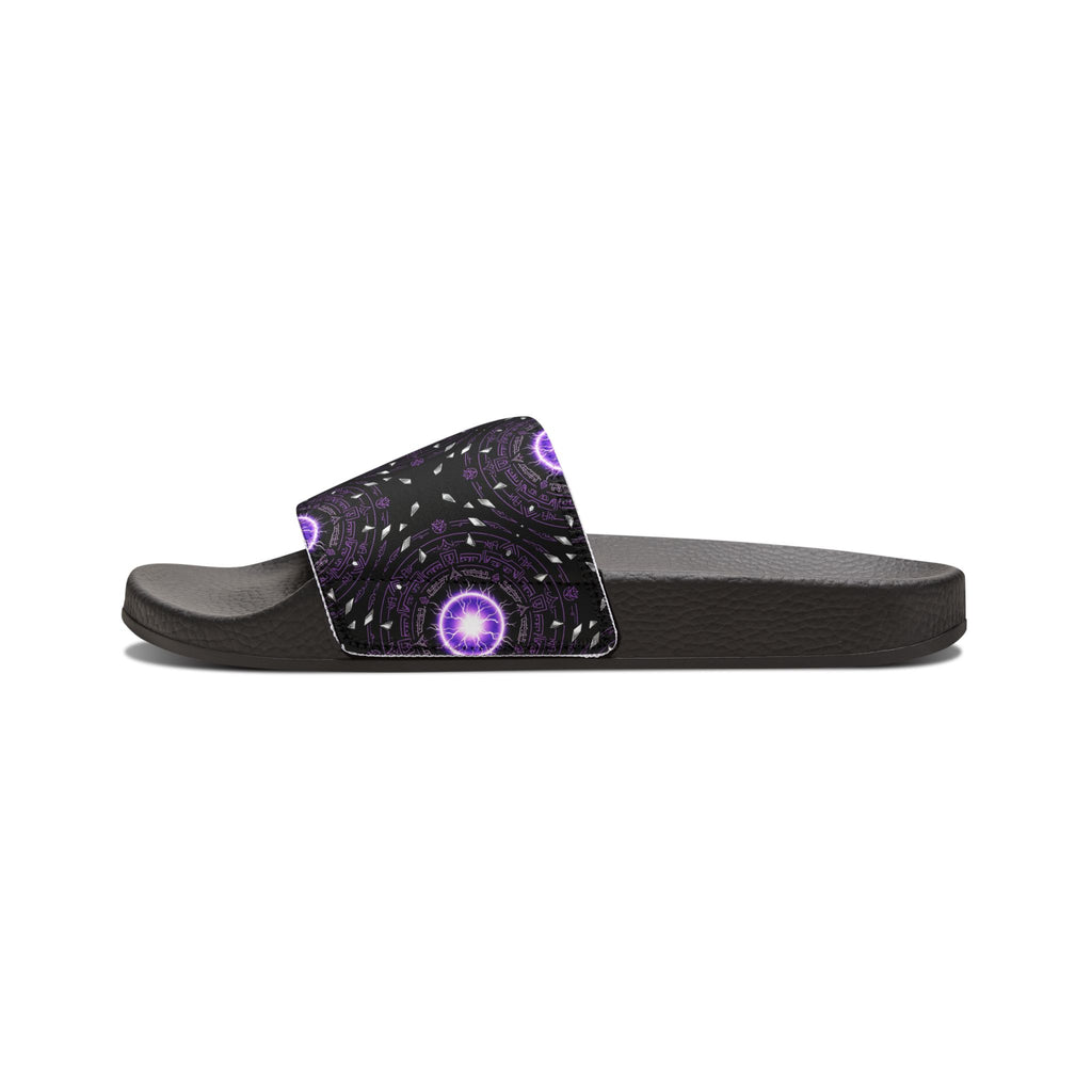 Power Runs Black Men's Removable-Strap Slide Sandals — Purple Cosmic Mandala Pattern by Power Runs Black