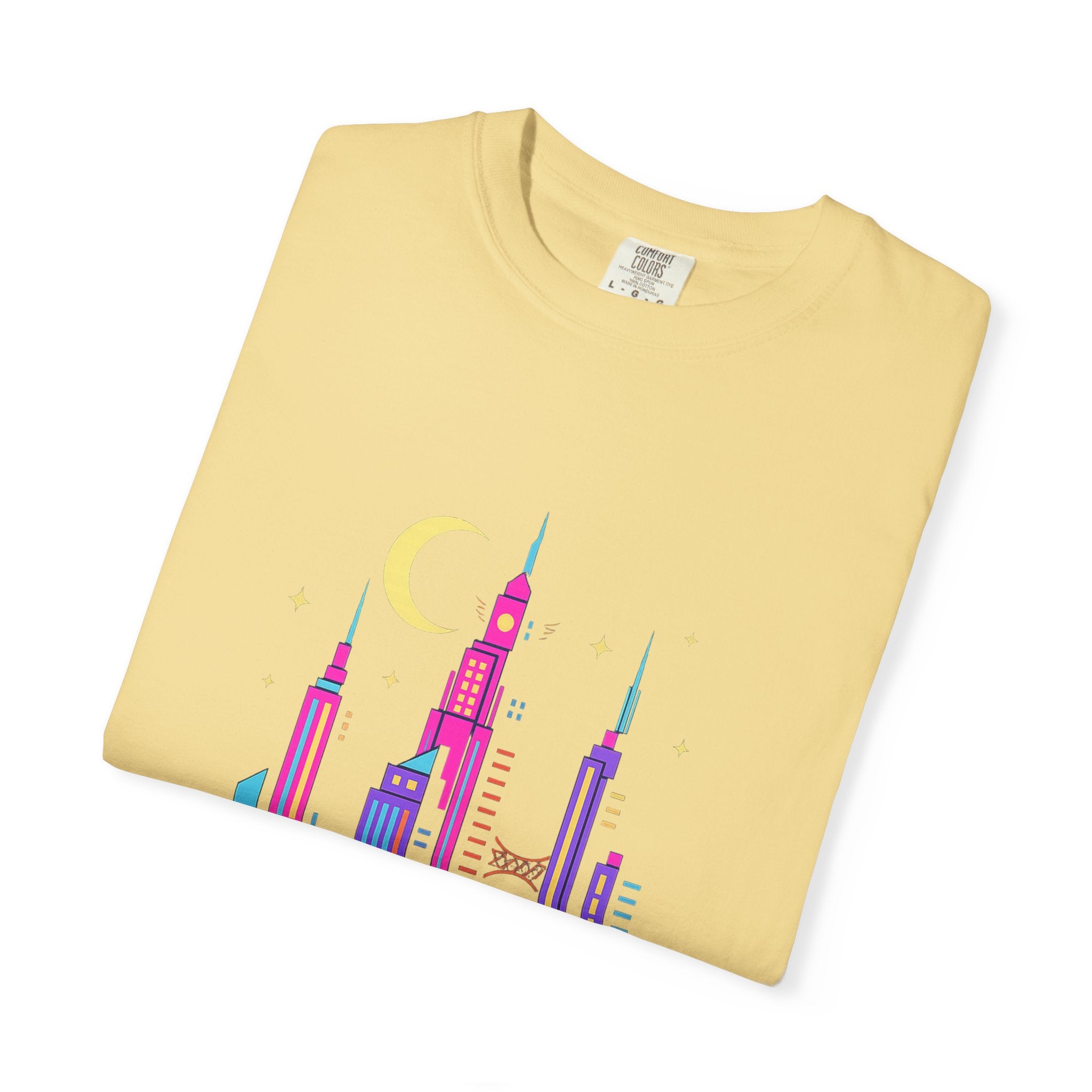 Power Runs Black PRB Neon City Skyline T-shirt | Vibrant Urban Nightscape Tee by Printify