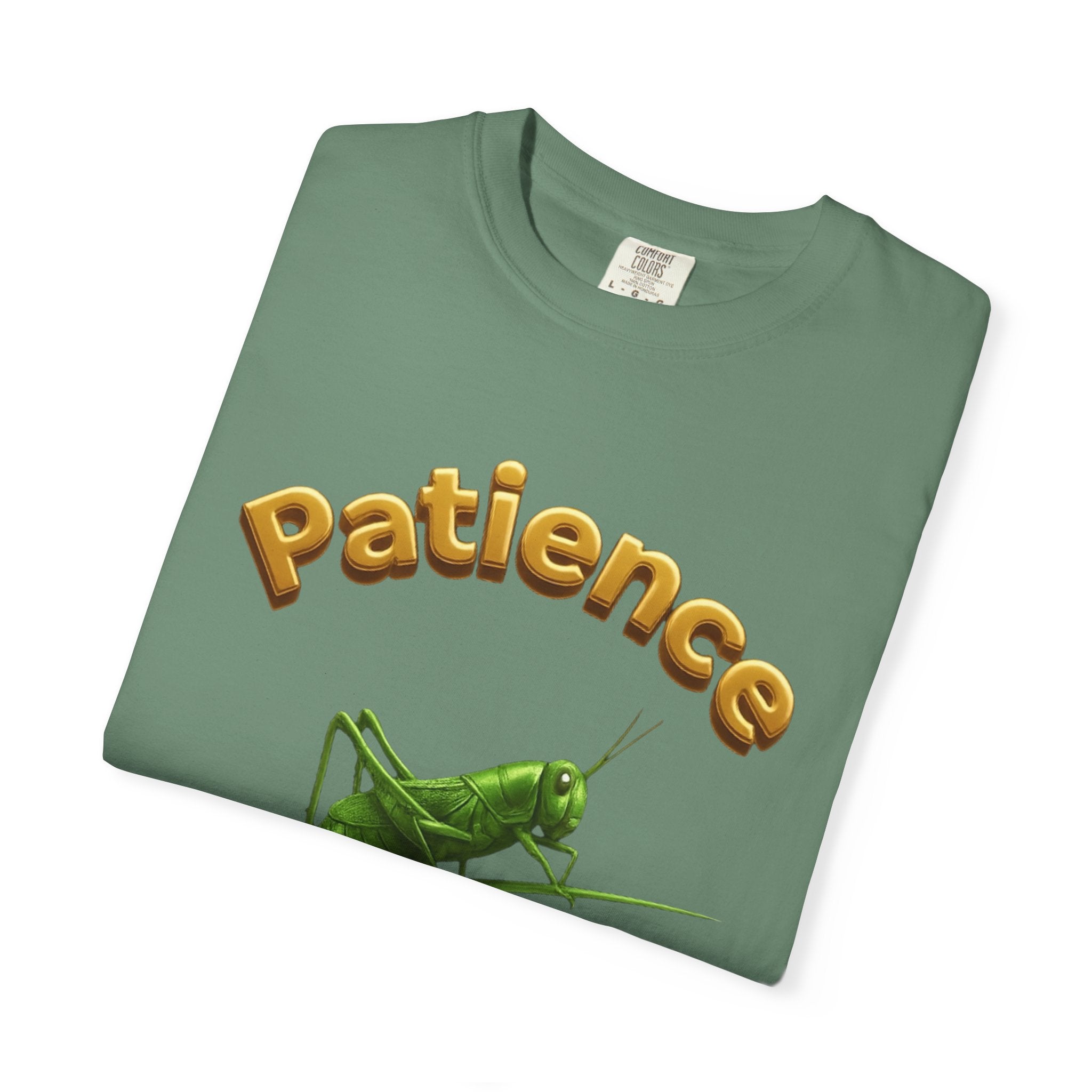 PRB Patience Grasshopper T-shirt | Green Grasshopper Illustration, Positive Quote by Printify