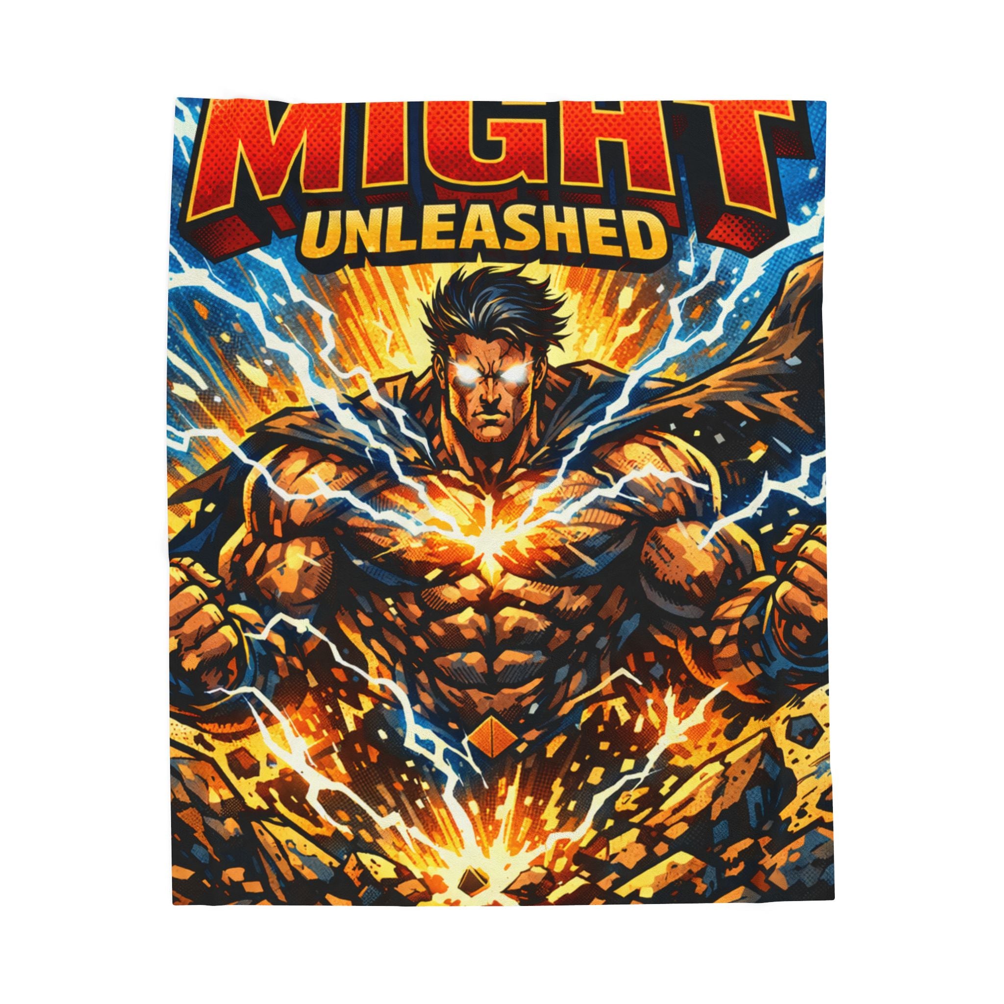 PRB Velveteen Plush Blanket — "MIGHT UNLEASHED" Superhero Power Throw by Printify