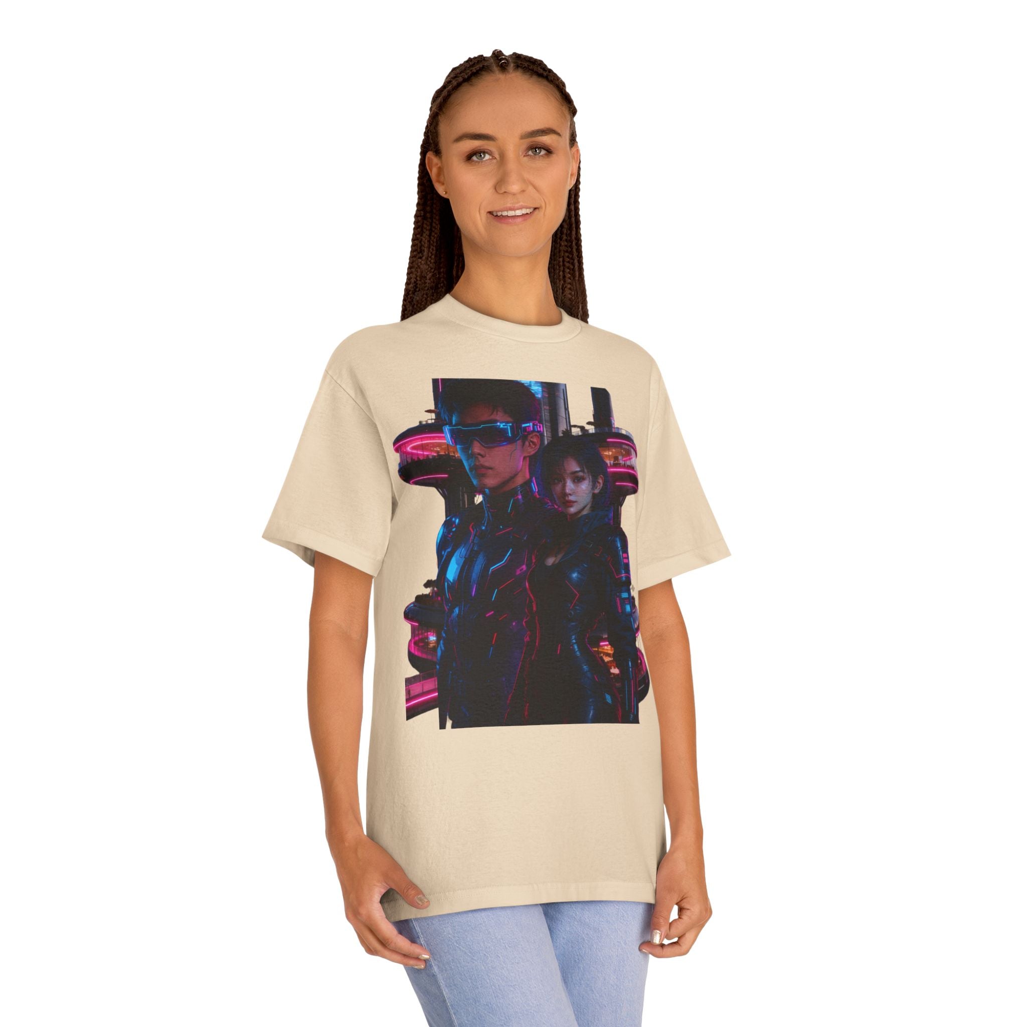 PRB Neon Tokyo Cyberpunk Couple T-Shirt | Futuristic Neon City Illustration by Power Runs Black