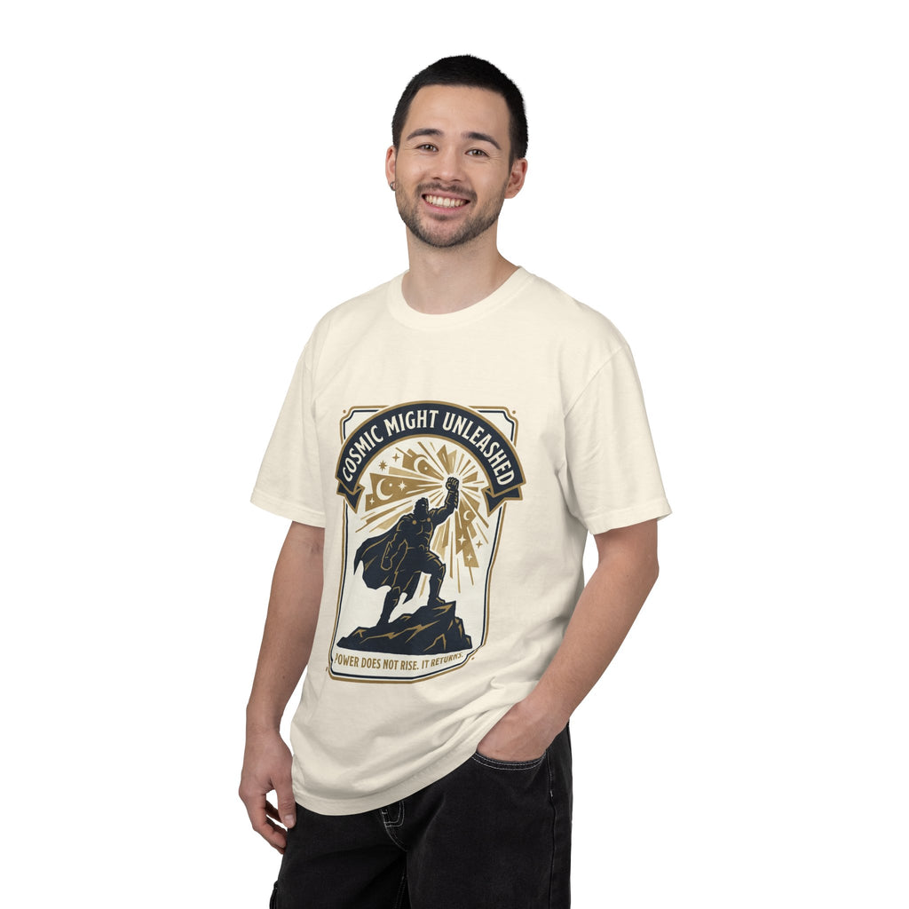 PRB Starforged Flex Cosmic Might Unleashed T-Shirt — Retro Superhero Space Graphic ('Power Does Not Rise, It Returns') by Power Runs Black