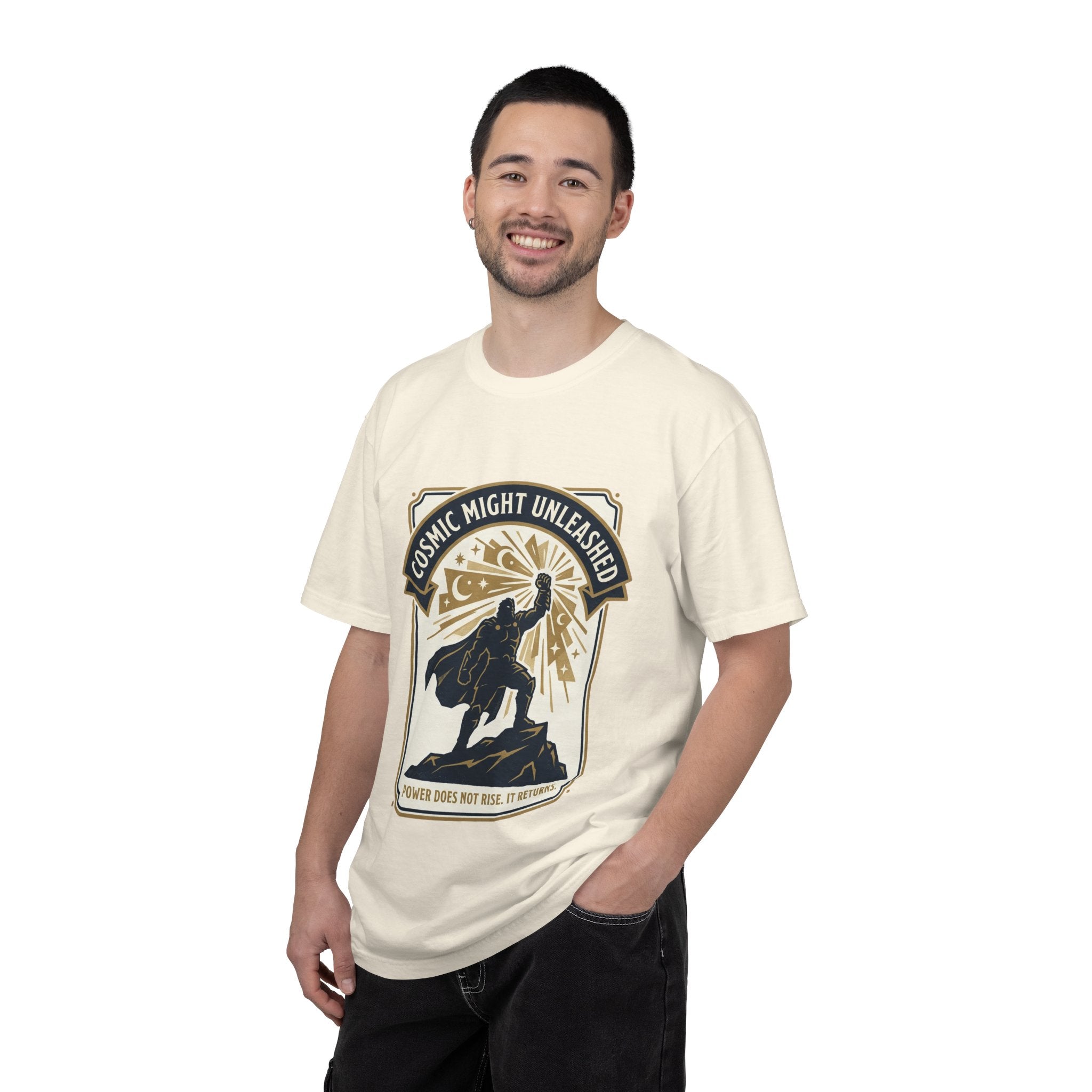 PRB Starforged Flex Cosmic Might Unleashed T-Shirt — Retro Superhero Space Graphic ('Power Does Not Rise, It Returns') by Power Runs Black