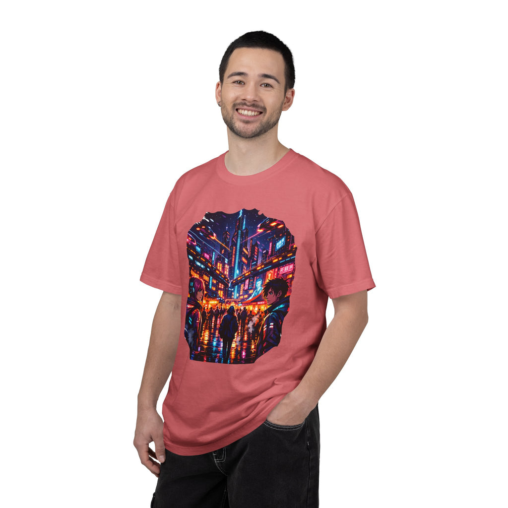 PRB Neon Cyberpunk Cityscape T-shirt | Anime Night Rain Streets by Power Runs Black