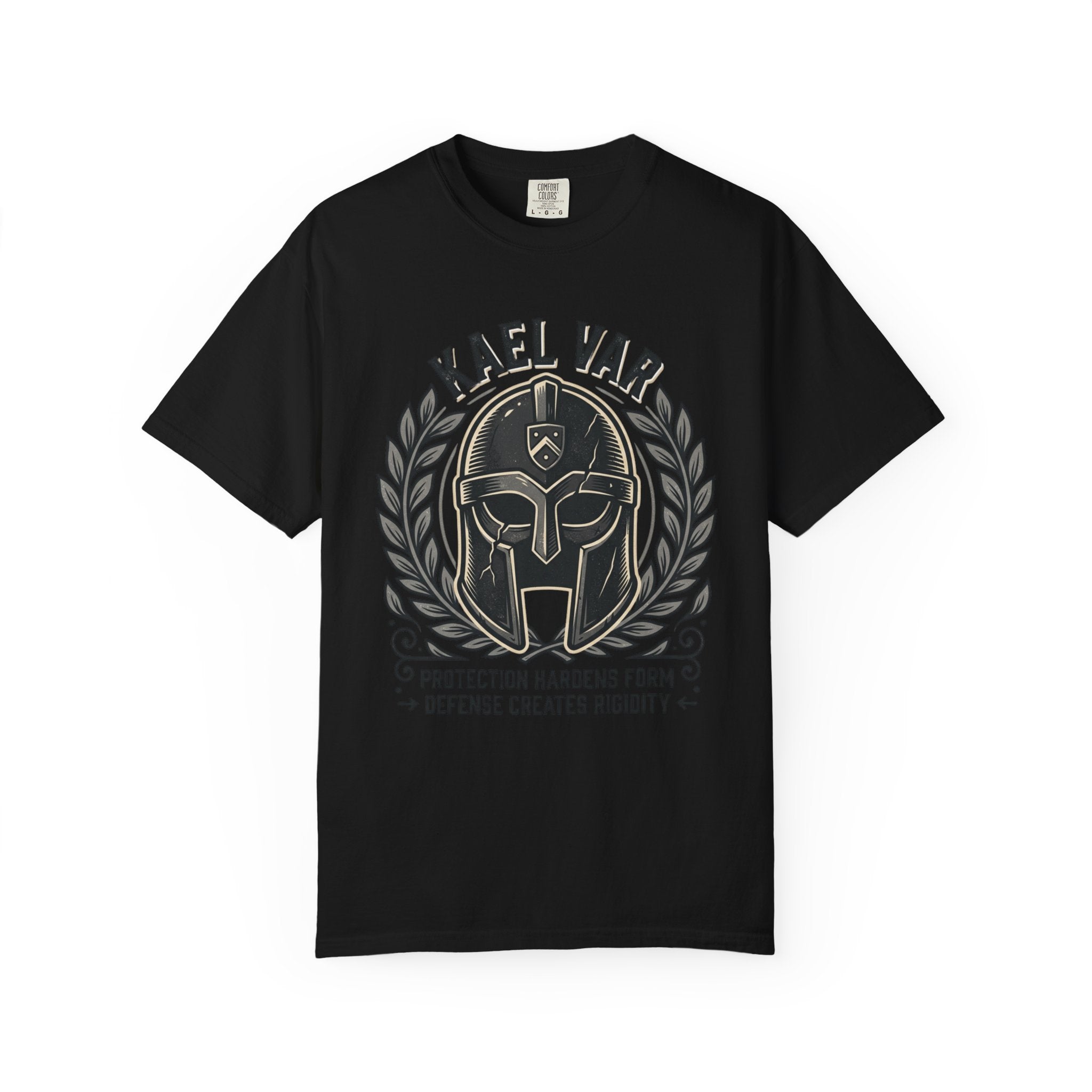 Power Runs Black PRB Kael Var Helmet Graphic T-Shirt — "Protection Hardens Form" Warrior Tee by Power Runs Black
