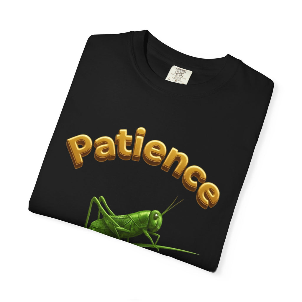 PRB Patience Grasshopper T-shirt | Green Grasshopper Illustration, Positive Quote by Power Runs Black