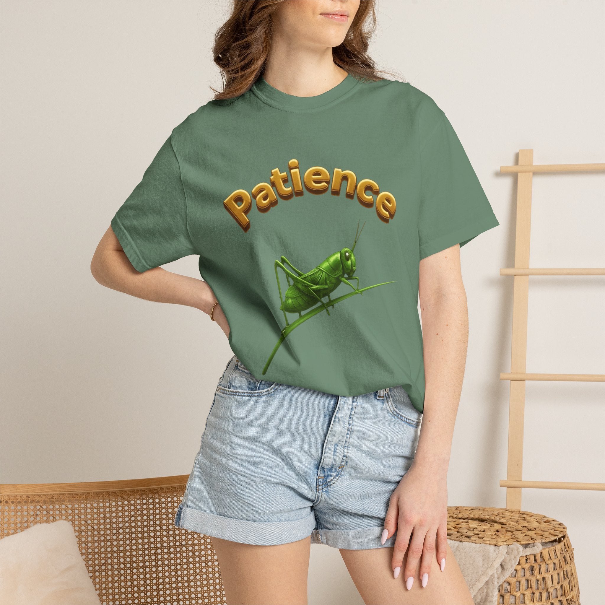 PRB Patience Grasshopper T-shirt | Green Grasshopper Illustration, Positive Quote by Printify