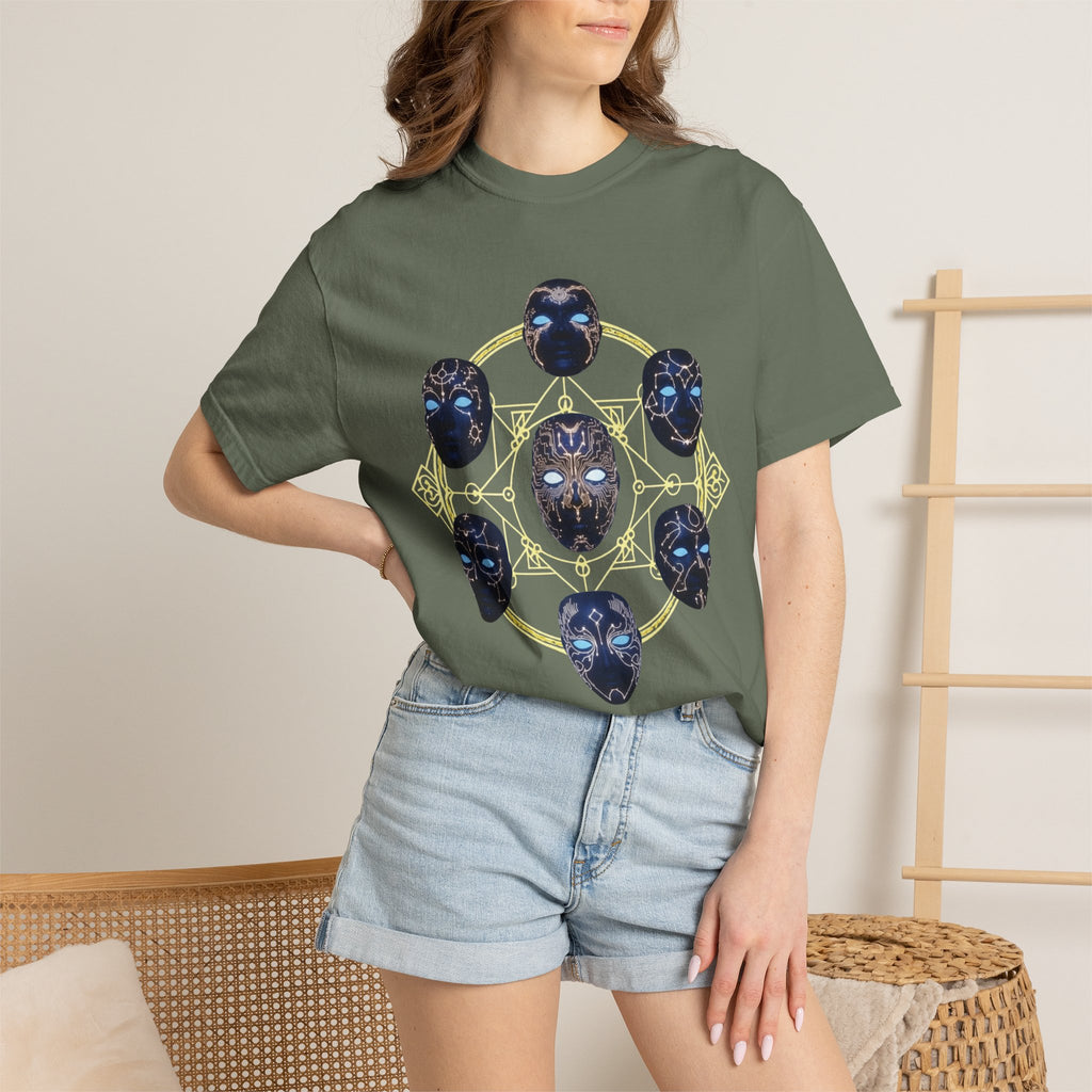 PRB Tribal Mask Circle Graphic Tee, Spiritual Afrocentric Art by Printify