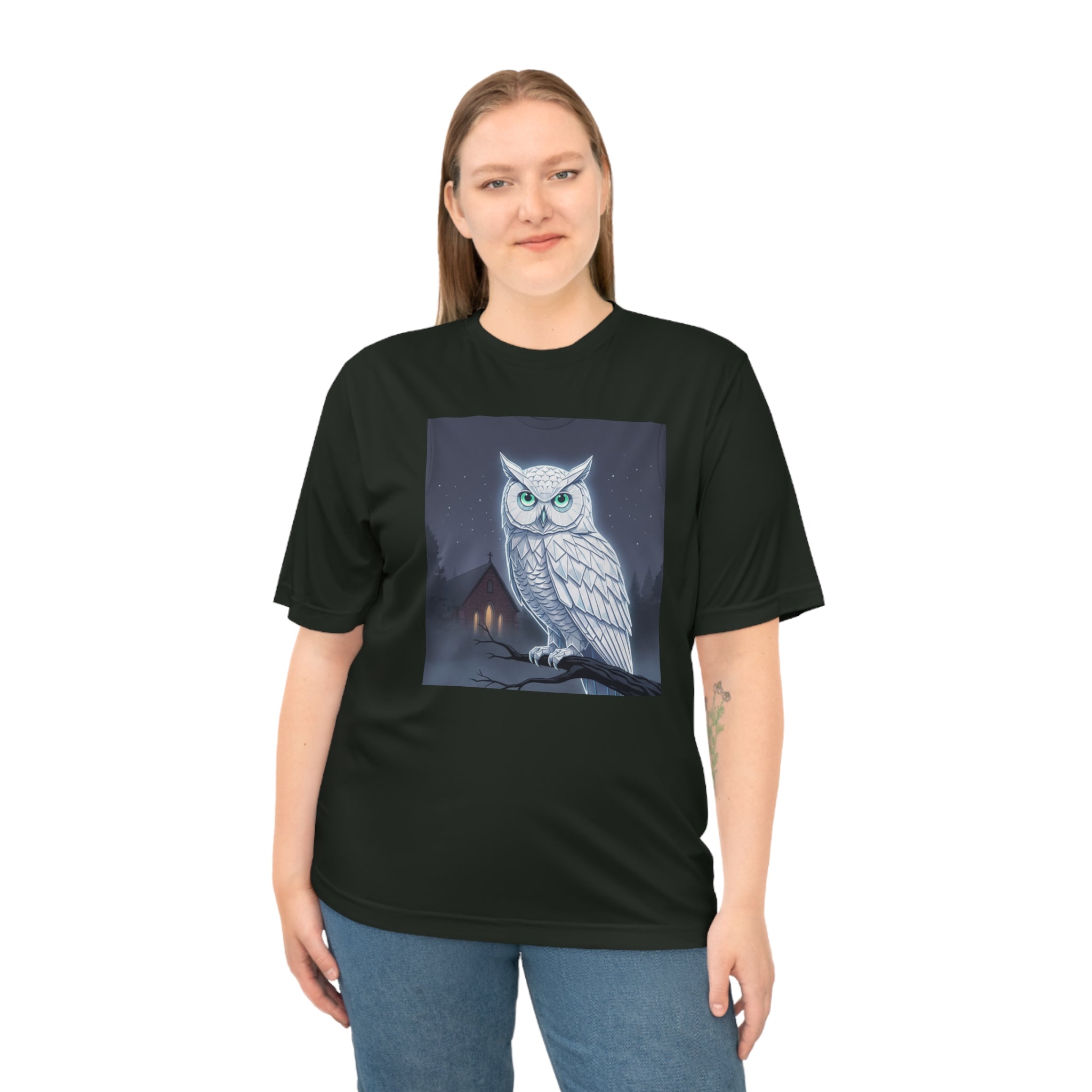 PRB White Snowy Owl Illustration T-shirt | Moonlit Night, Cabin Scene by Printify