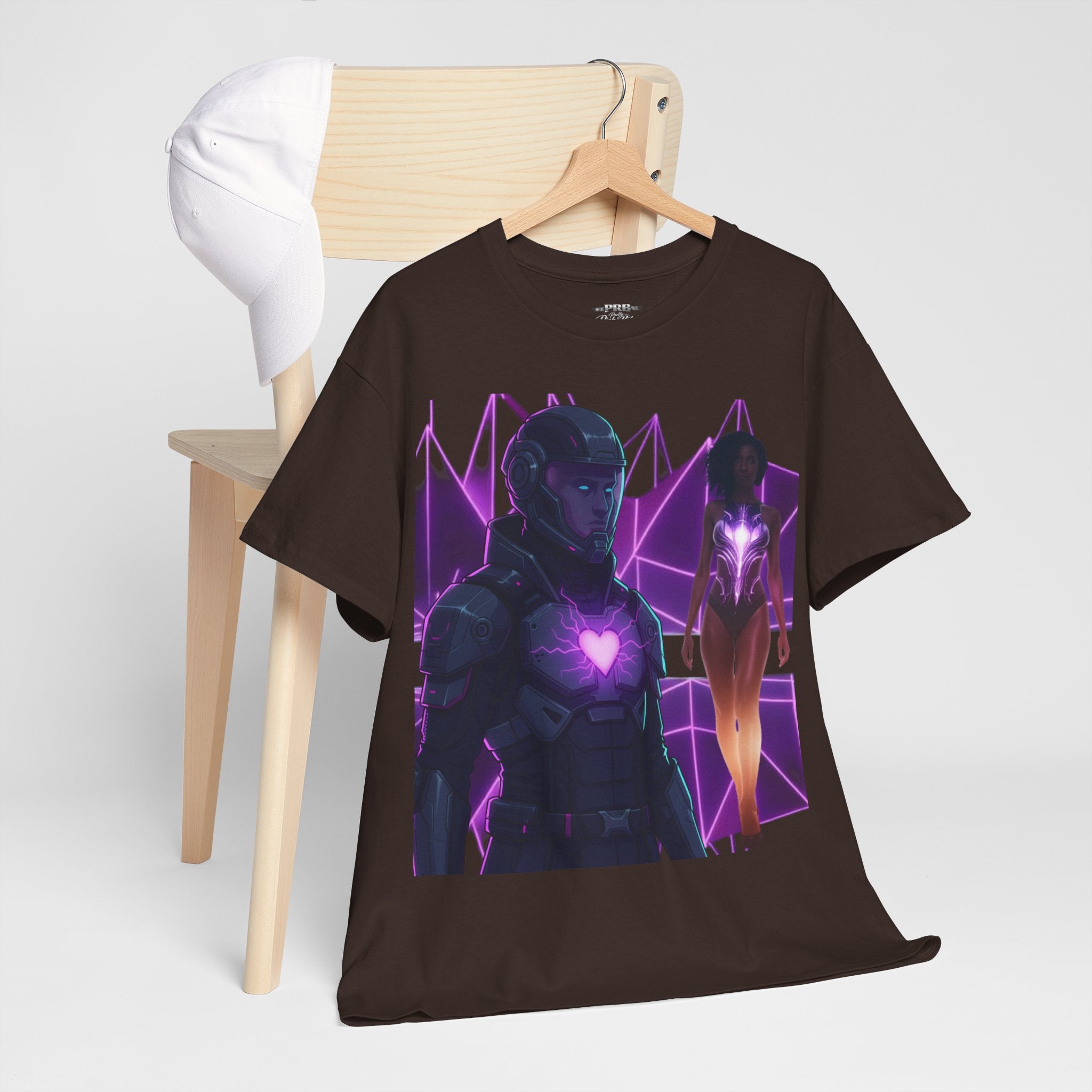 Power Run Black PRB Pretty Rich Bitch The Collection Purple Heart Cyberpunk Knight T-Shirt | Futuristic Armor Sci‑Fi Tee by Printify