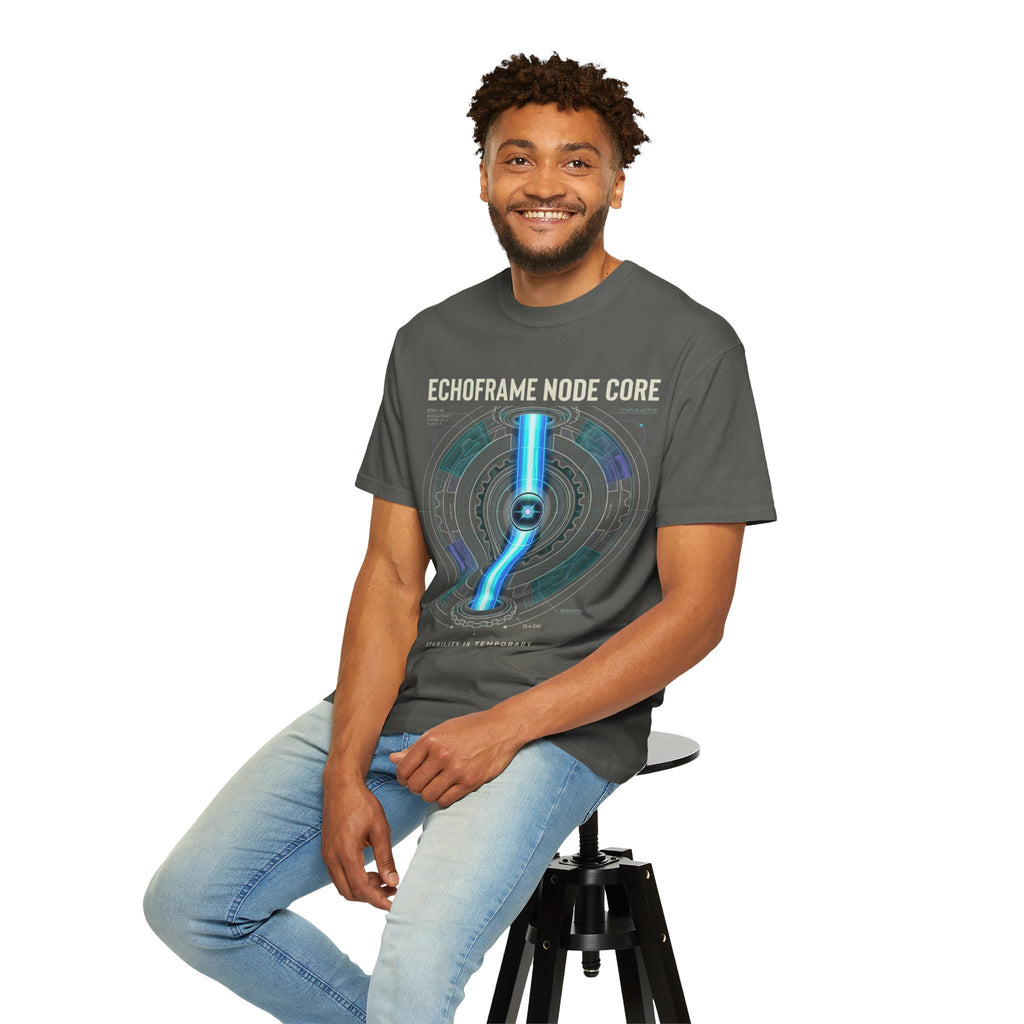 Power Runs Black PRB Echoframe Node Core T-Shirt — Futuristic Tech Graphic Tee by Power Runs Black