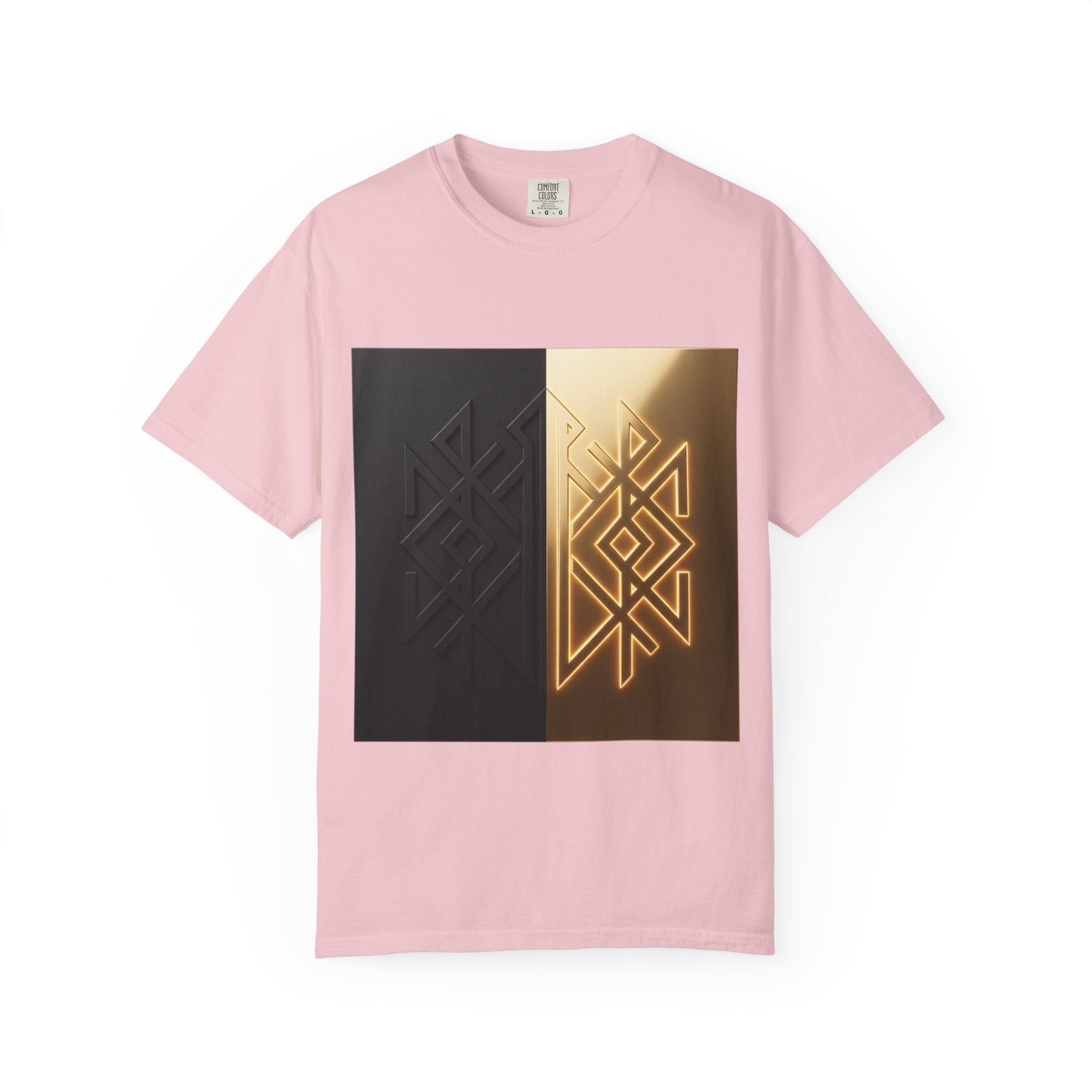 Power Runs Black PRB Geometric Split Glow T-Shirt — Black & Gold Tribal Diamond Graphic by Power Runs Black