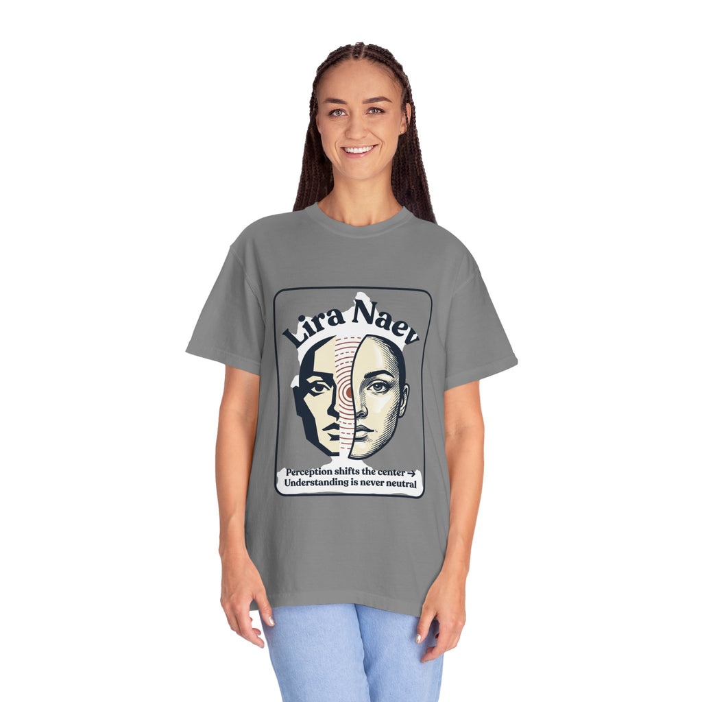 Power Runs Black PRB Lira Naev Split-Face Graphic T-Shirt — “Perception shifts the center” Statement Tee by Printify