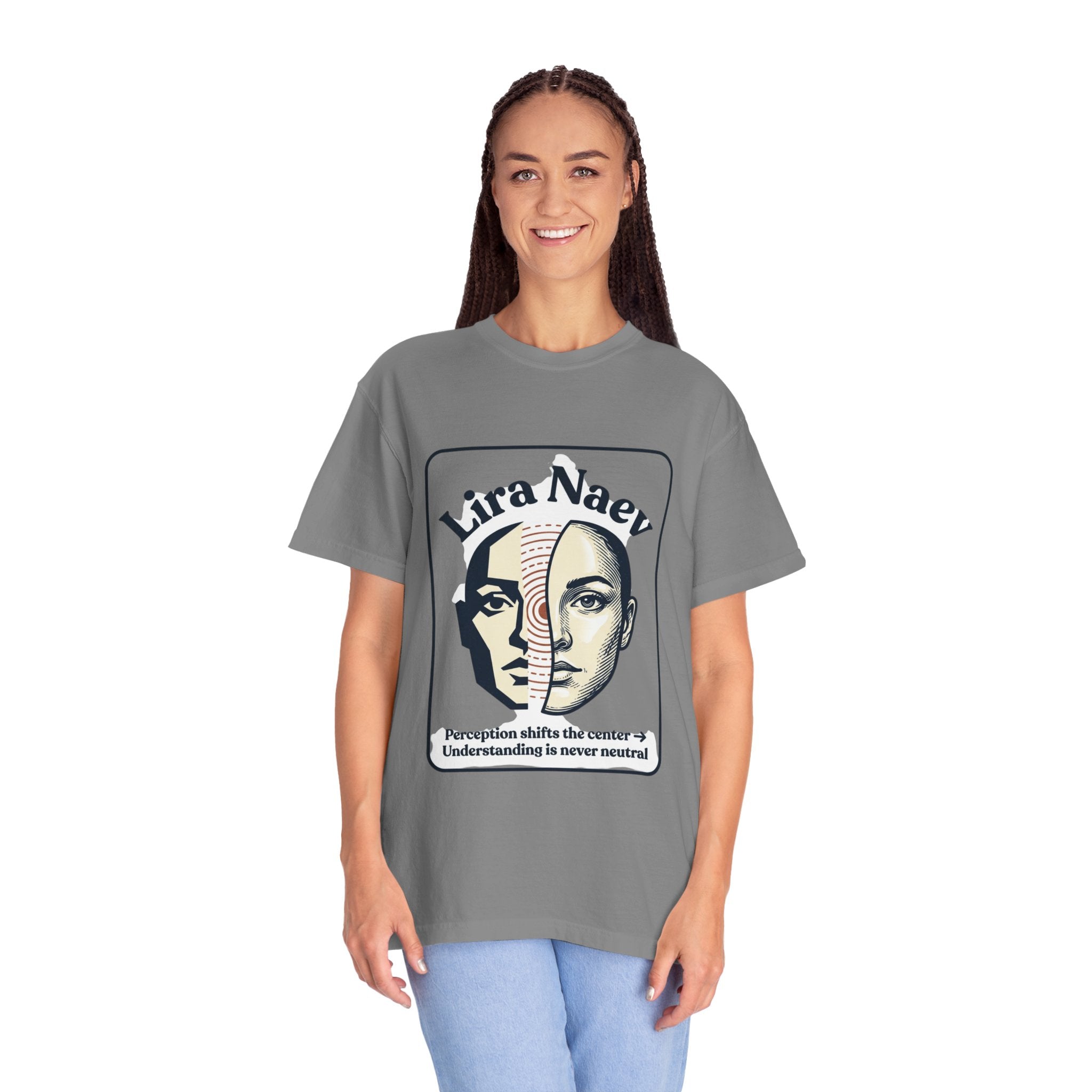 Power Runs Black PRB Lira Naev Split-Face Graphic T-Shirt — “Perception shifts the center” Statement Tee by Printify