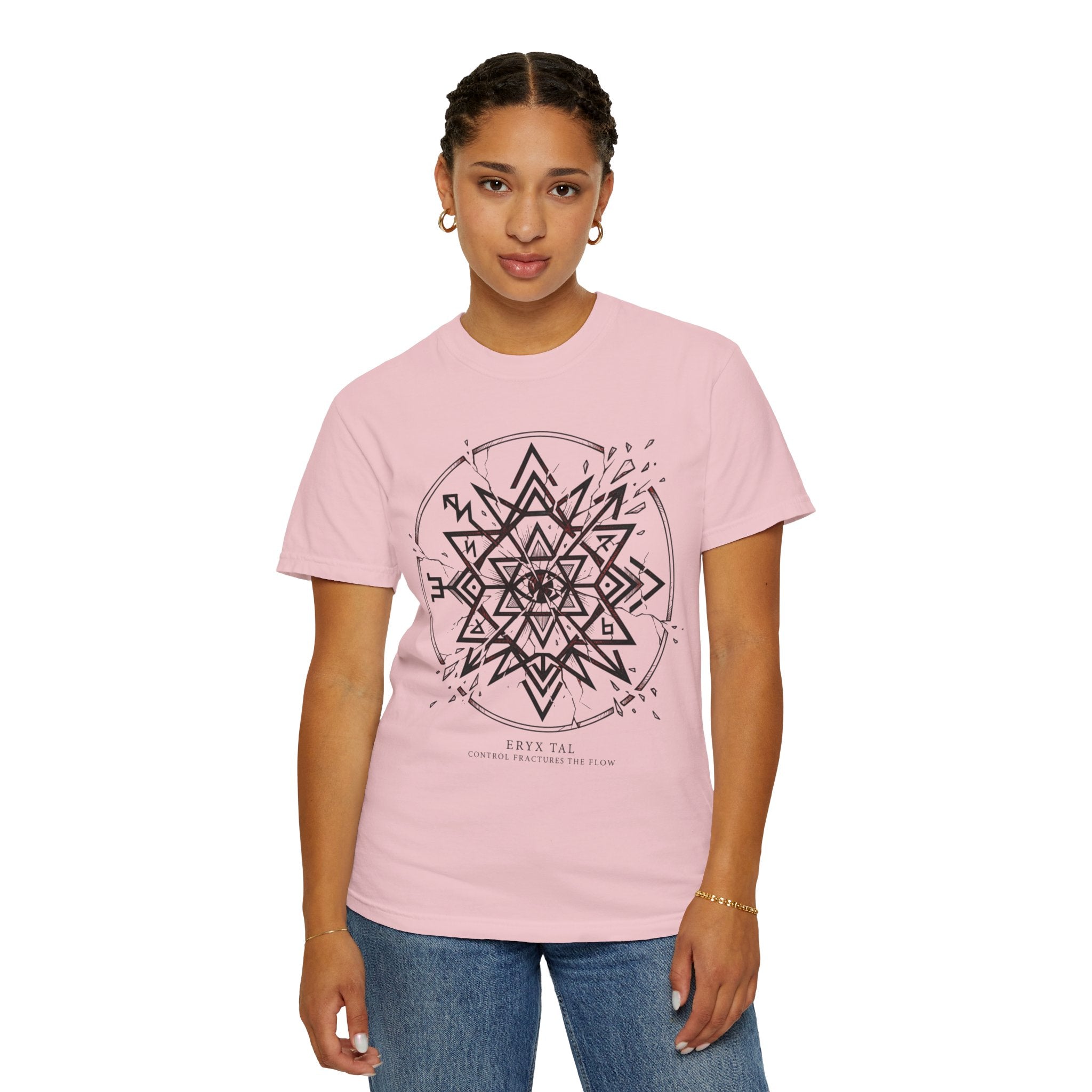 Power Runs Black PRB Eryx Tal Geometric Mandala T-Shirt — Symmetric Star Graphic Tee by Printify