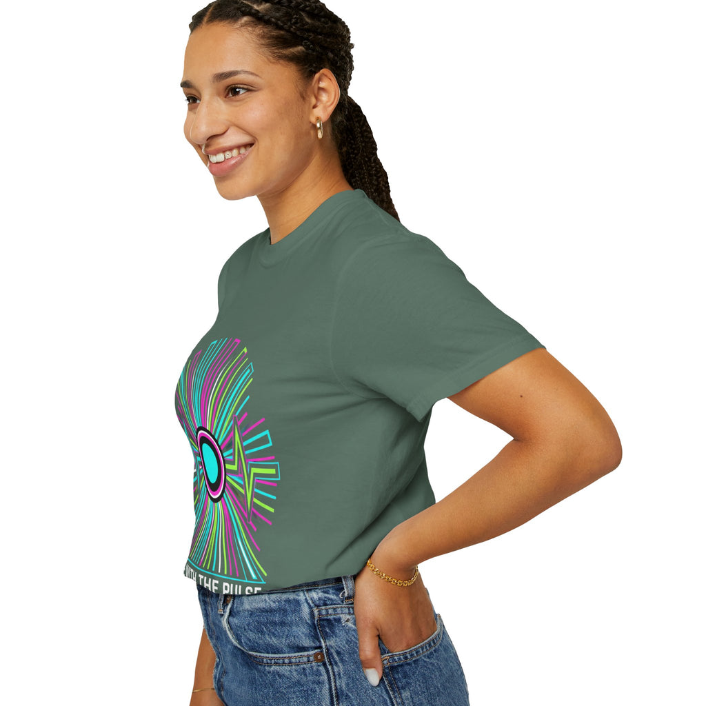 Power Runs Black PRB Electric "Move With Pulse" Graphic T-Shirt — Neon Sunburst Design by Power Runs Black