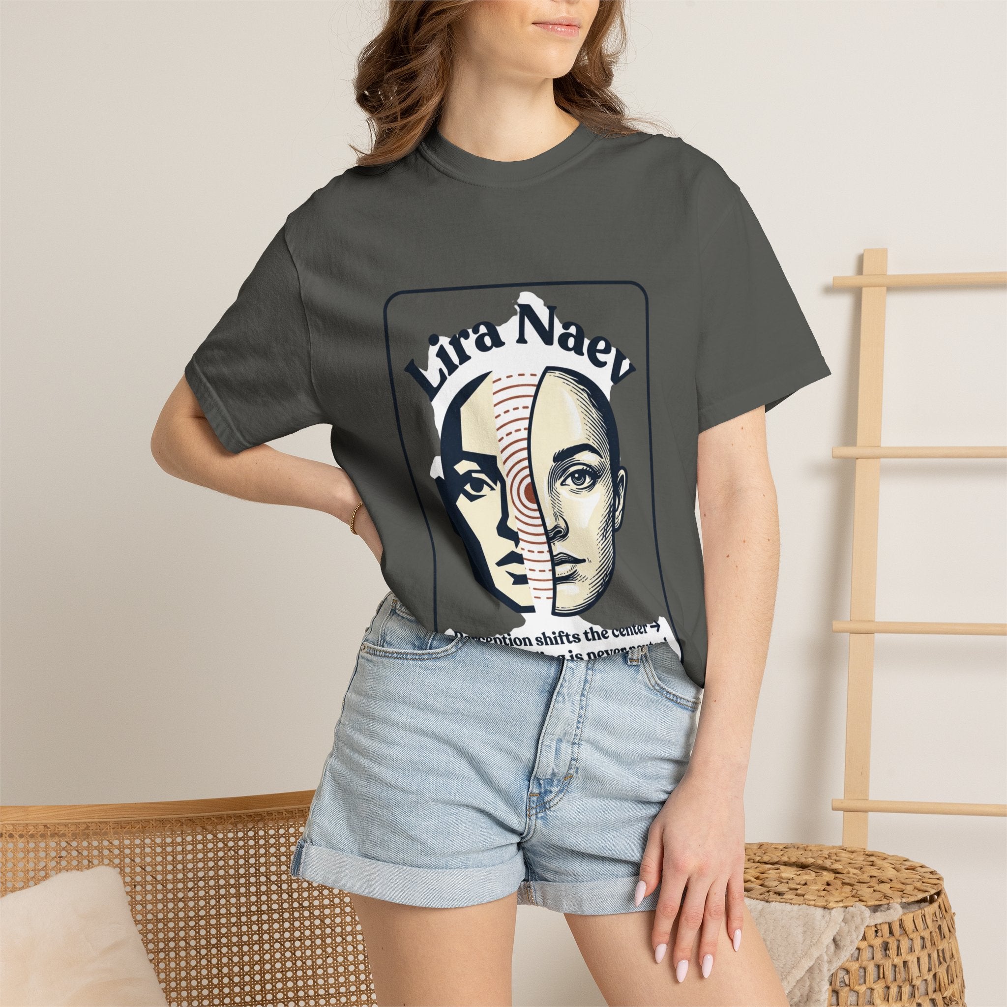 Power Runs Black PRB Lira Naev Split-Face Graphic T-Shirt — “Perception shifts the center” Statement Tee by Printify