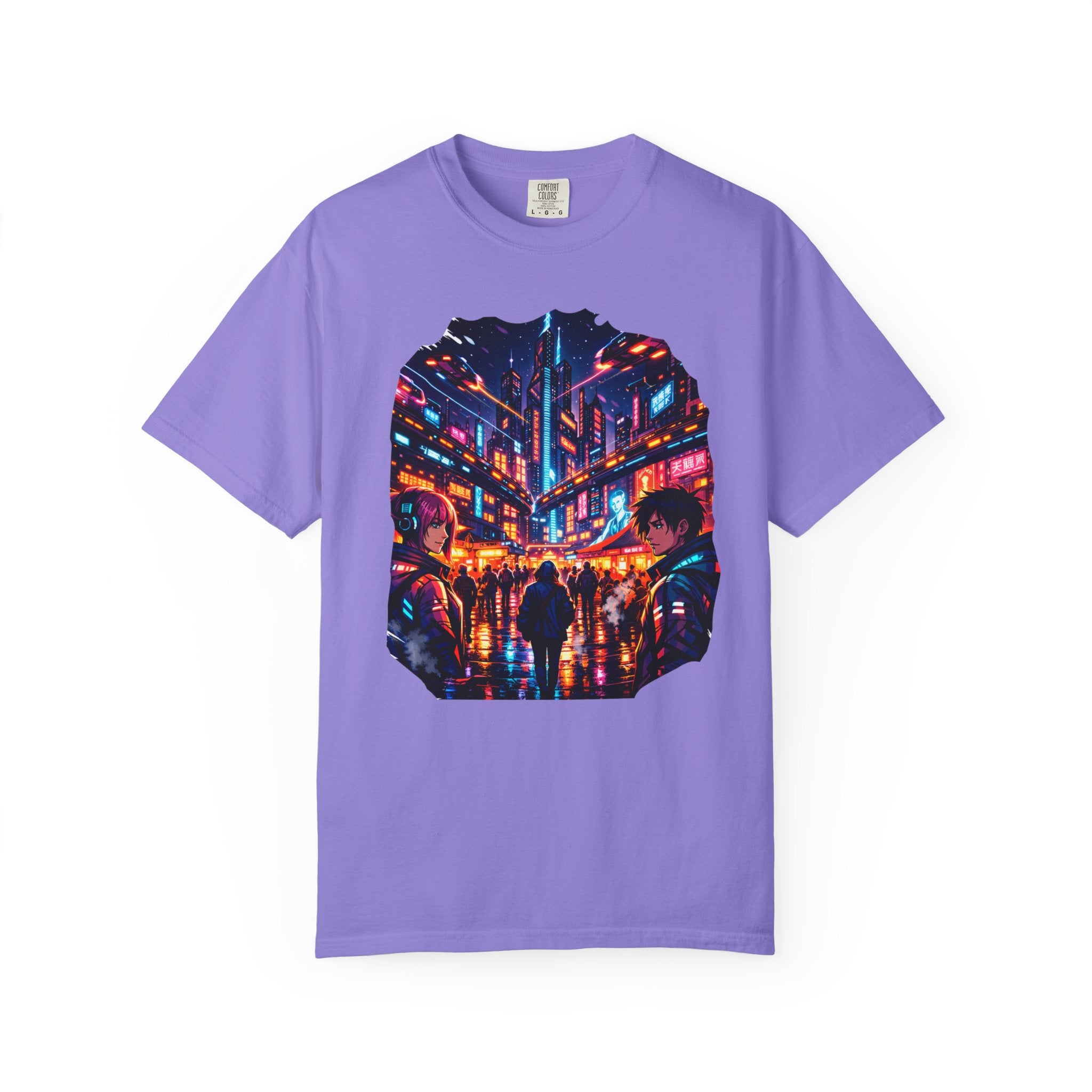 PRB Neon Cyberpunk Cityscape T-shirt | Anime Night Rain Streets by Power Runs Black