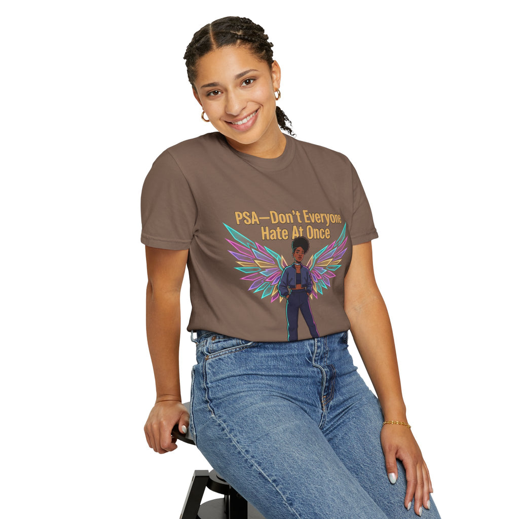T-Shirt — PSA “Don't Everyone Hate At Once” Angel Wings Graphic Tee by Printify