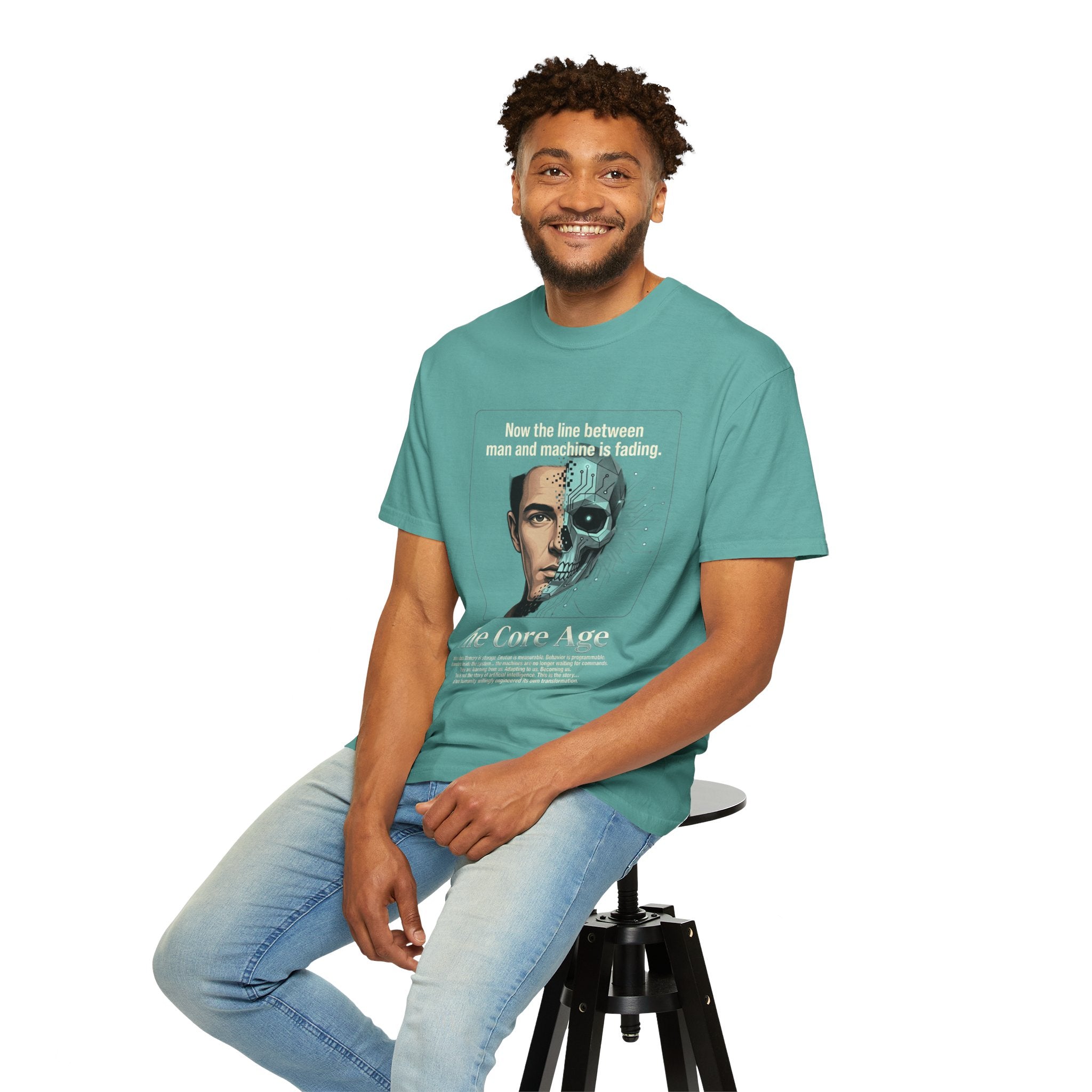 Power Runs Black AI Fusion Graphic T-Shirt — "The Core Age" Split Face Design by Power Runs Black