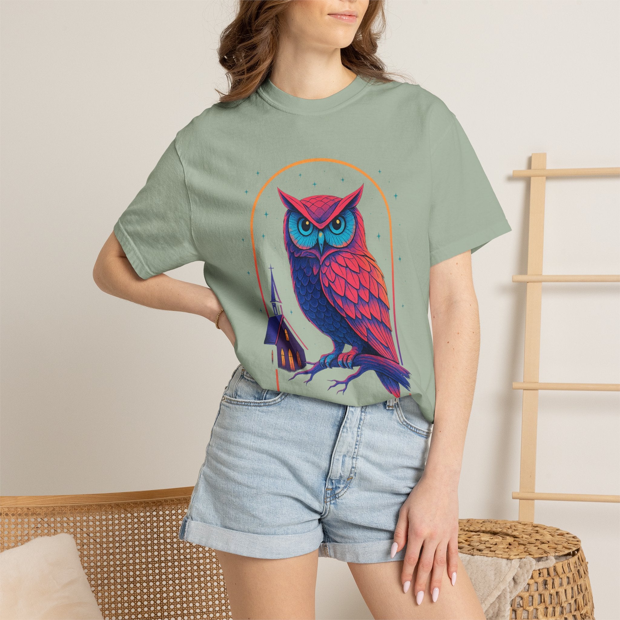 Neon Owl Illustration T-Shirt | Night Church Graphic Tee by Printify
