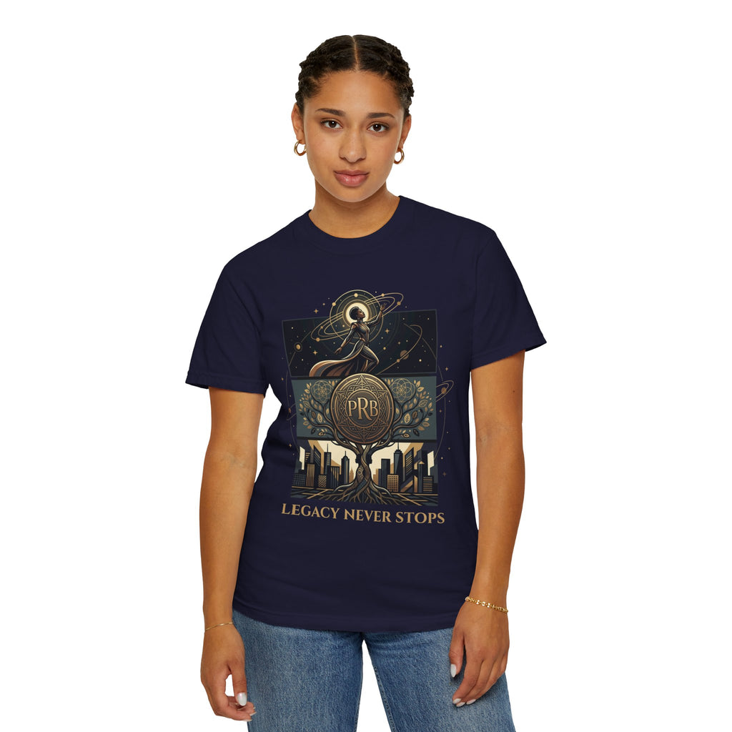 PRB Legacy Never Stops Graphic T-Shirt | Art Deco City Skyline Tee by Printify
