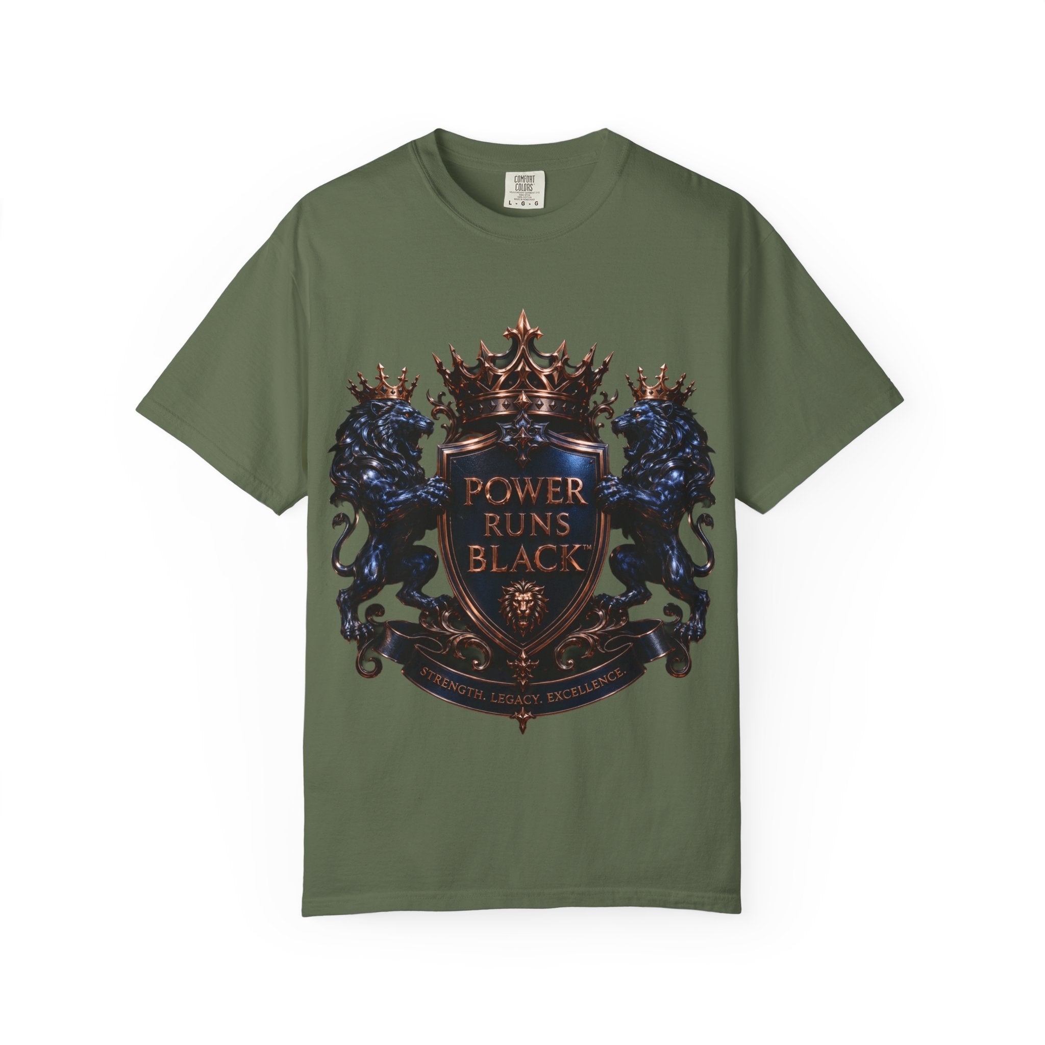 Power Runs Black Crest T-shirt | Heraldic Lion Shield Tee by Power Runs Black