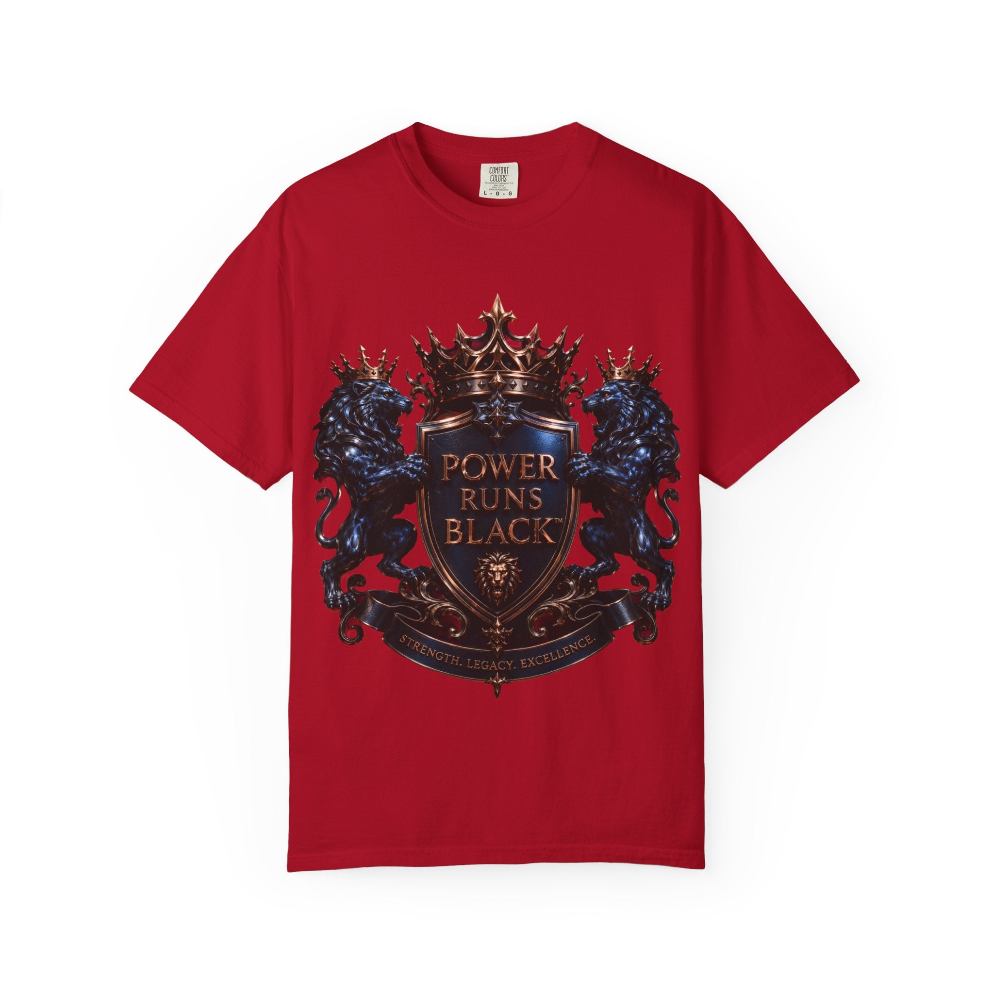 Power Runs Black Crest T-shirt | Heraldic Lion Shield Tee by Power Runs Black