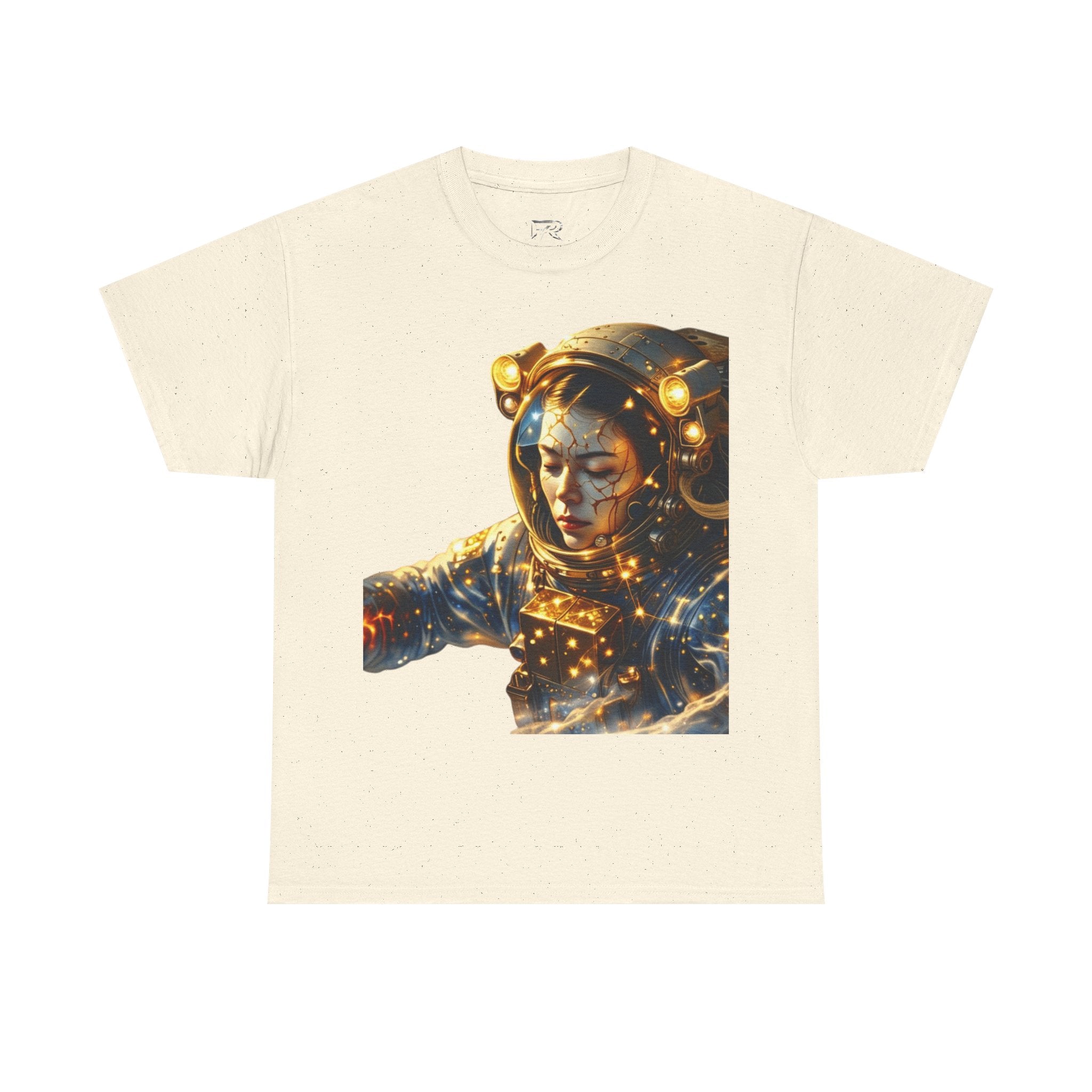 Power Runs Black PRB Golden Astronaut Portrait T-Shirt | Space Helmet Art, Cosmic Lights by Printify