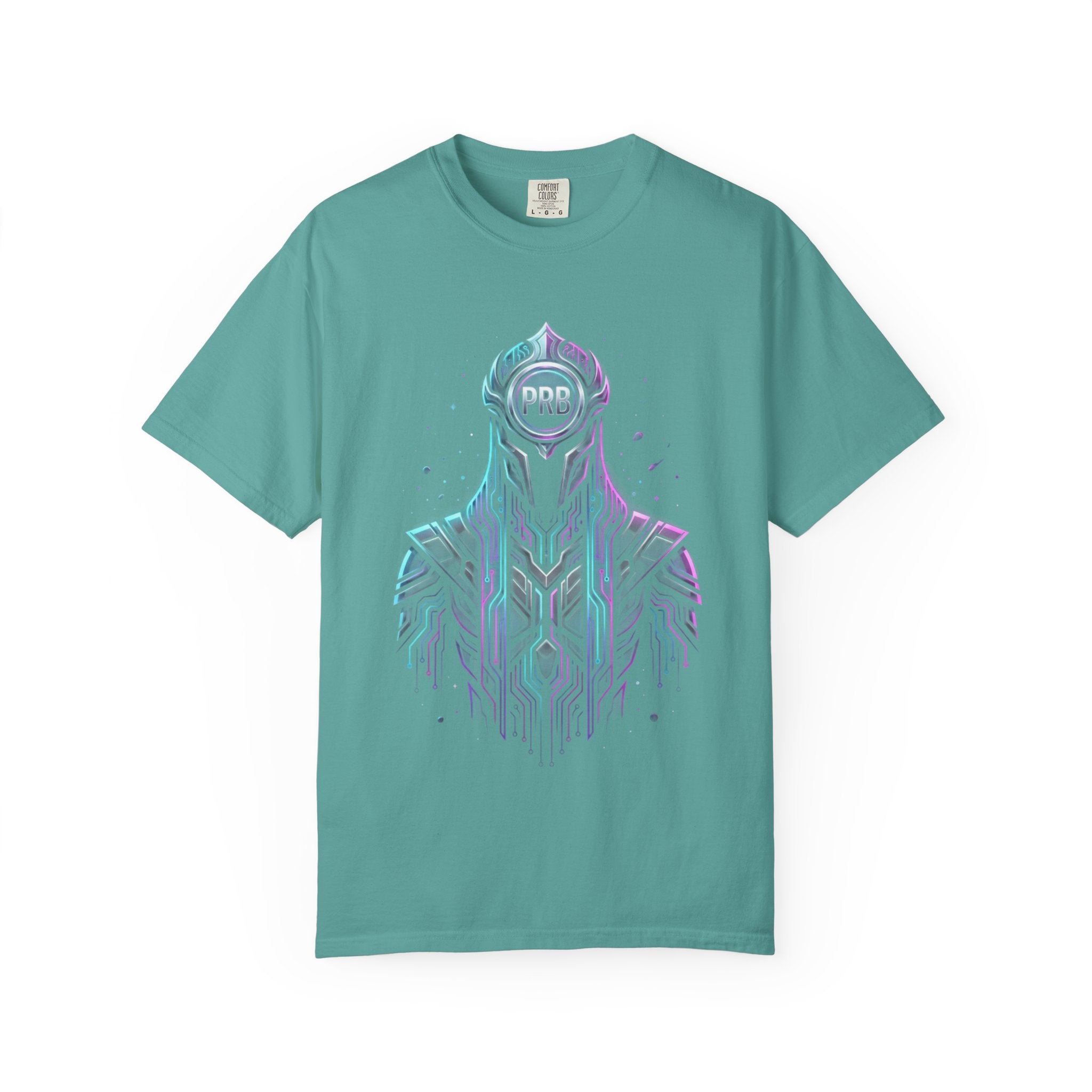Printify PRB Machine‑Spirit Overlord 4K Futuristic Geometric Helmet T-Shirt | Neon Tech Line Art - T-Shirt