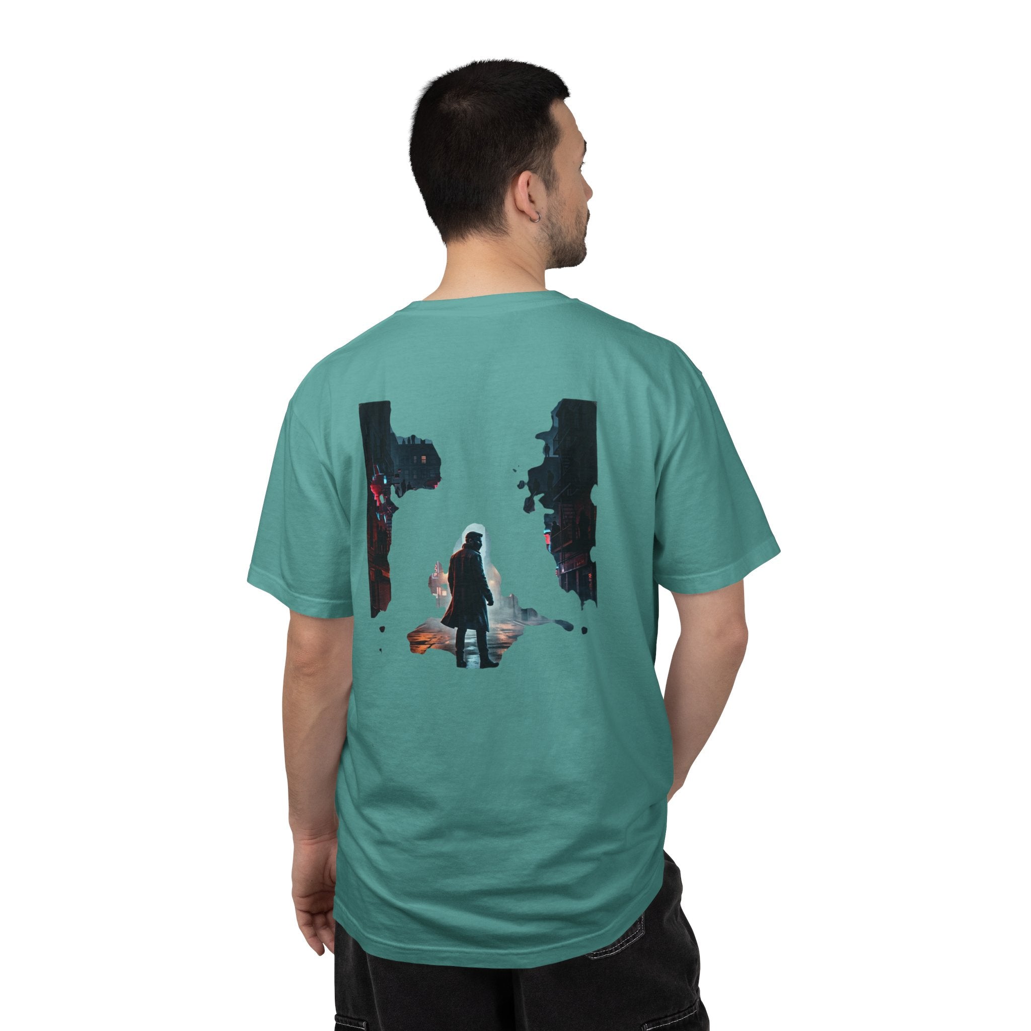 Syndication Loop Cyberpunk Portrait Tee — Tech-Noir Graphic T-Shirt | Power Runs Black by Printify