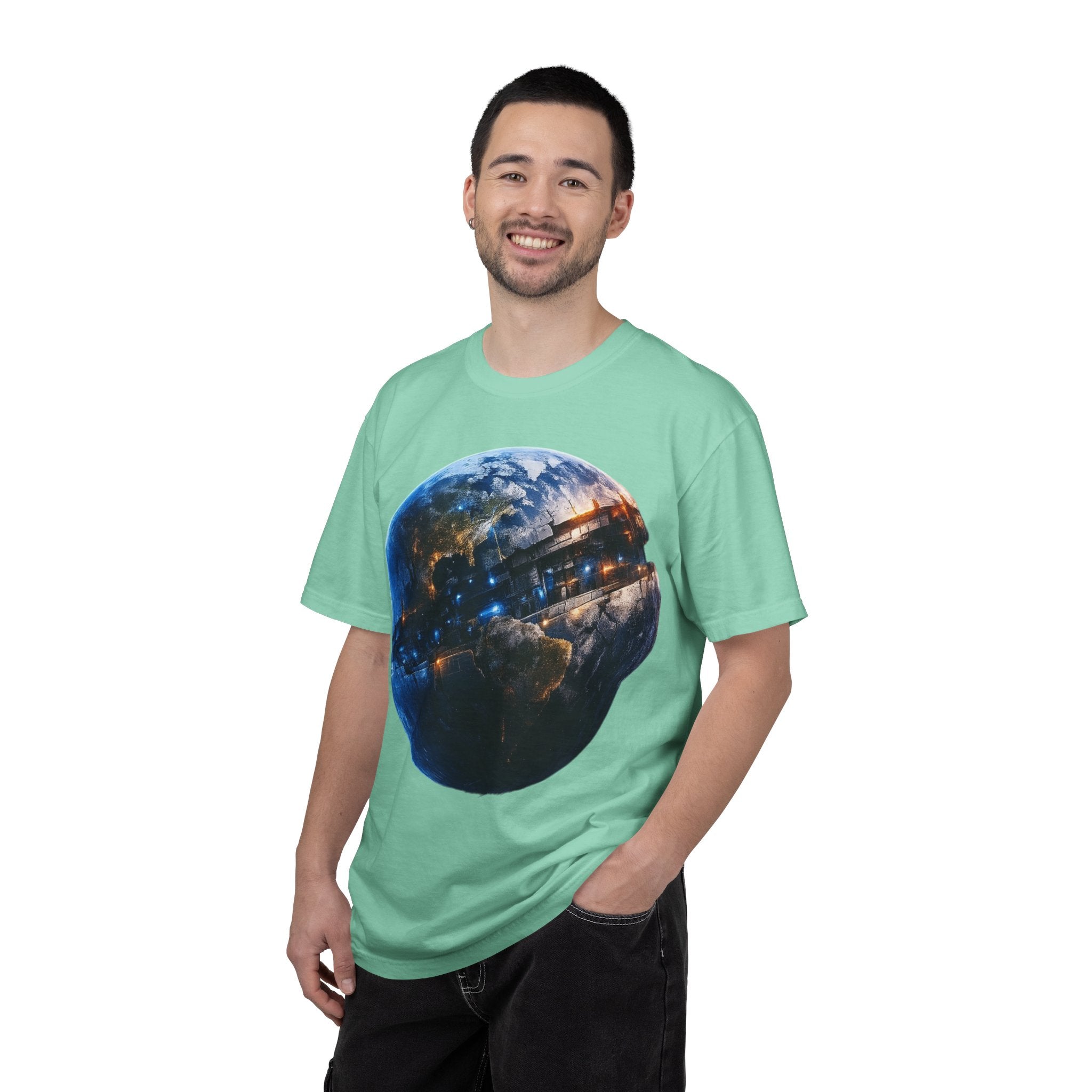 PRB Cityscape Globe T-shirt | Nighttime Earth Illustration, Urban Lights by Power Runs Black