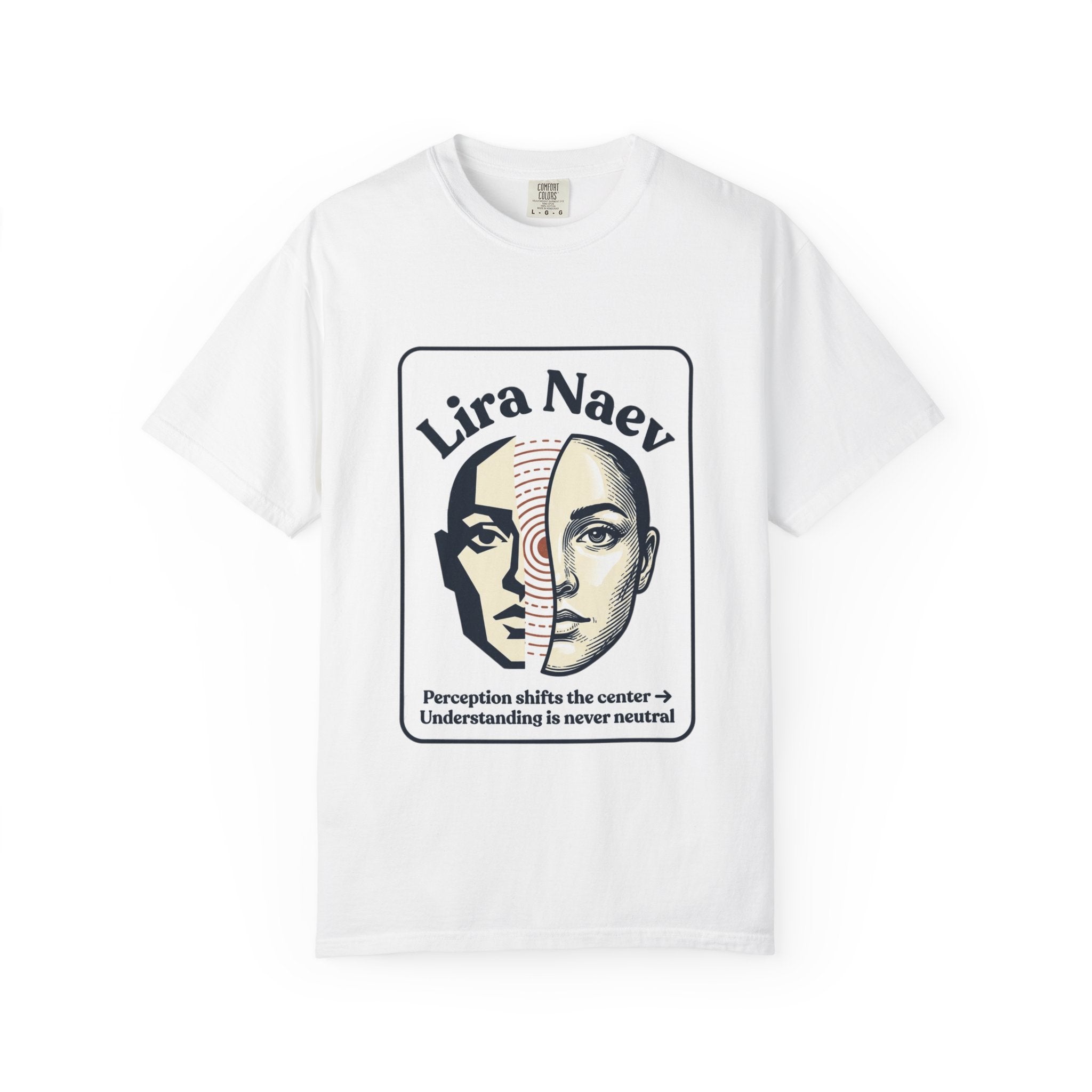Power Runs Black PRB Lira Naev Split-Face Graphic T-Shirt — “Perception shifts the center” Statement Tee by Printify