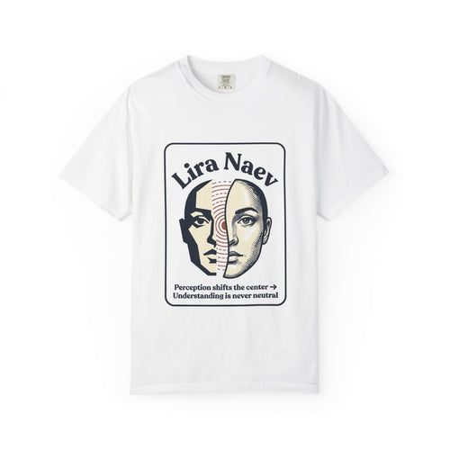 Power Runs Black PRB Lira Naev Split-Face Graphic T-Shirt — “Perception shifts the center” Statement Tee by Printify