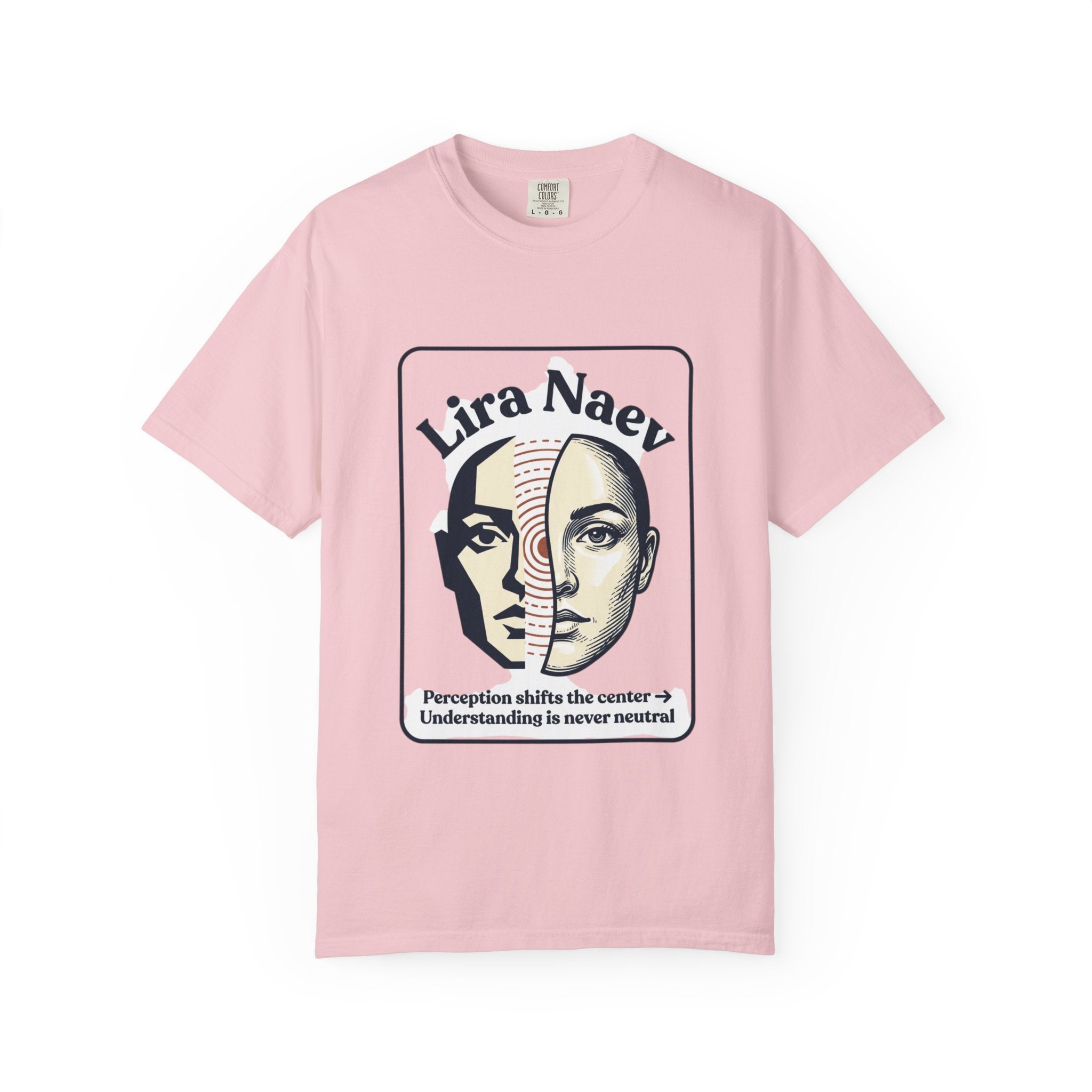Power Runs Black PRB Lira Naev Split-Face Graphic T-Shirt — “Perception shifts the center” Statement Tee by Printify