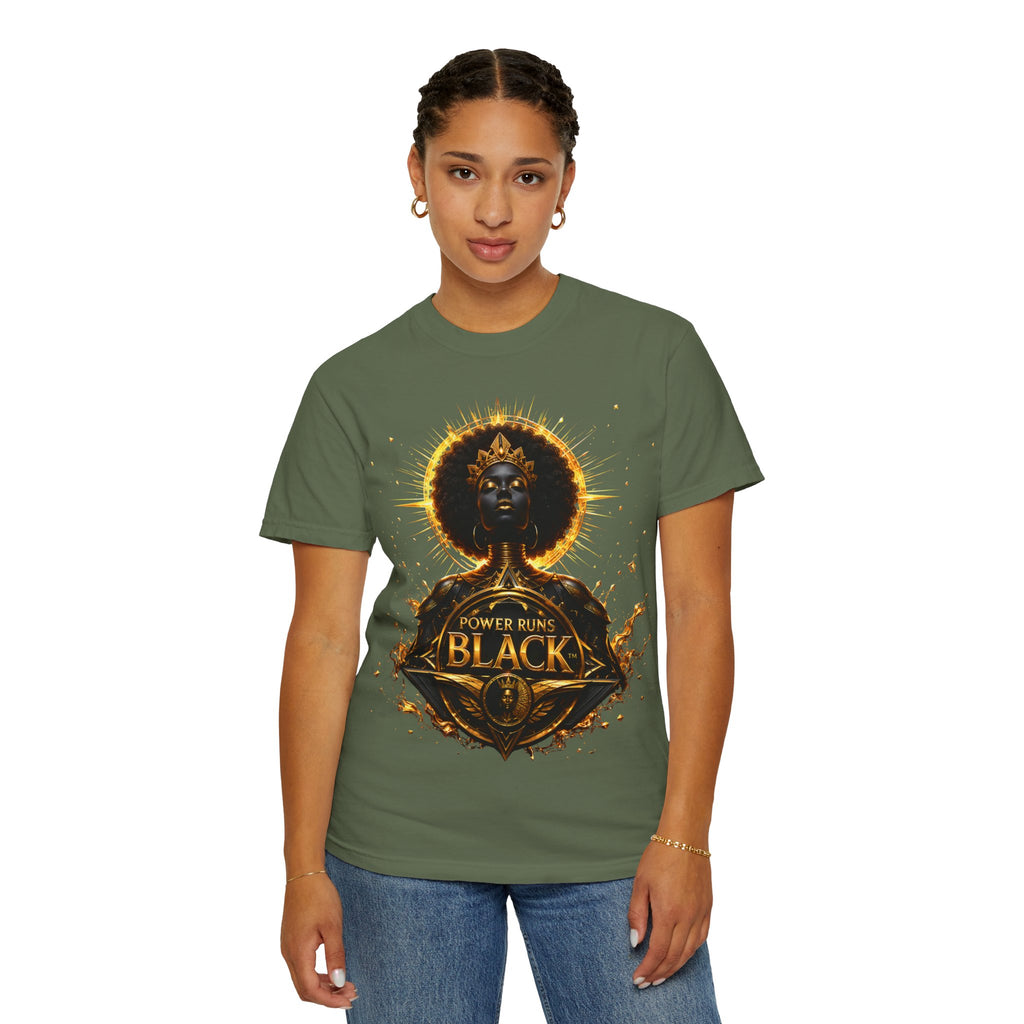 Power Runs Black goddess illustration T-Shirt | Afrocentric black pride design by Power Runs Black