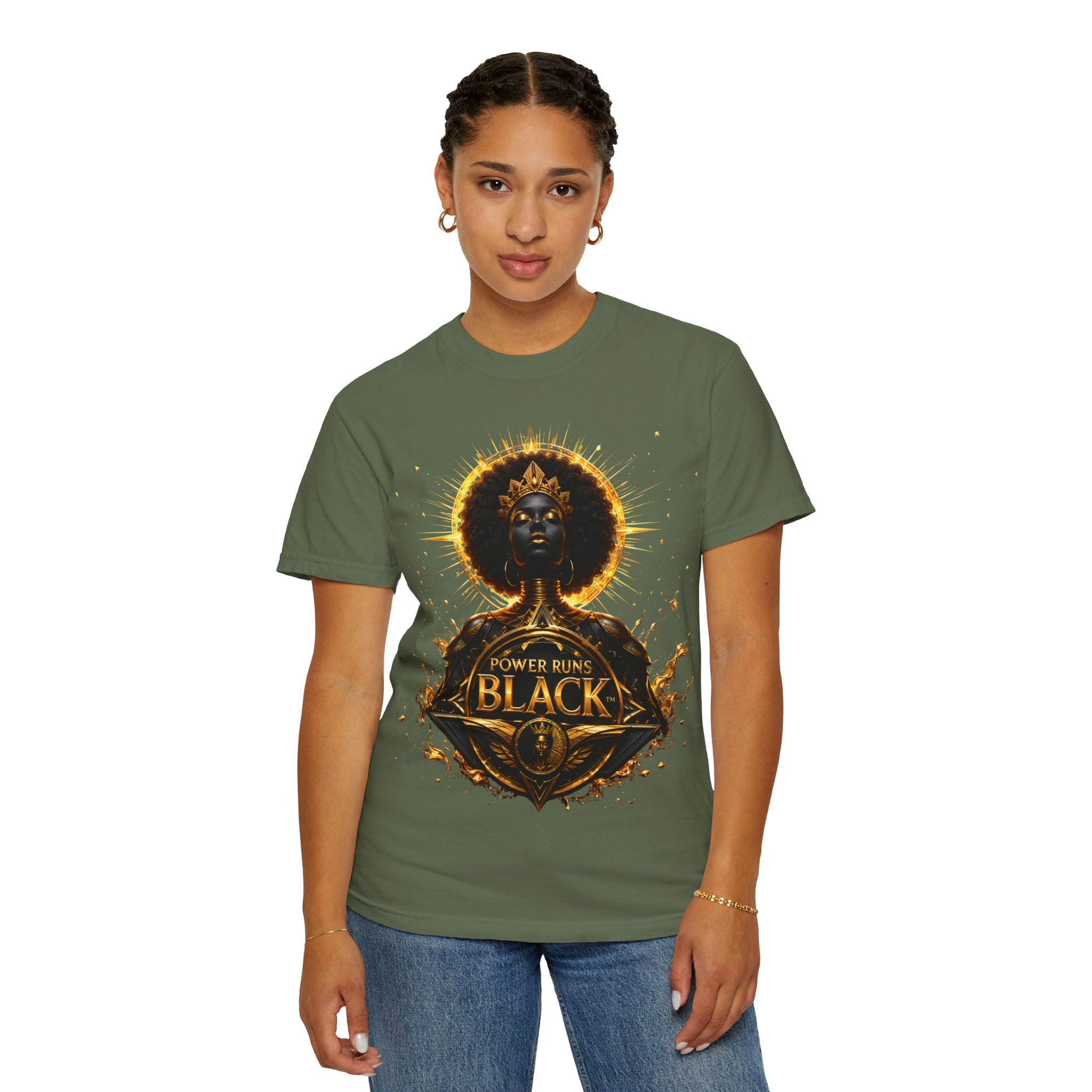 Power Runs Black goddess illustration T-Shirt | Afrocentric black pride design by Power Runs Black