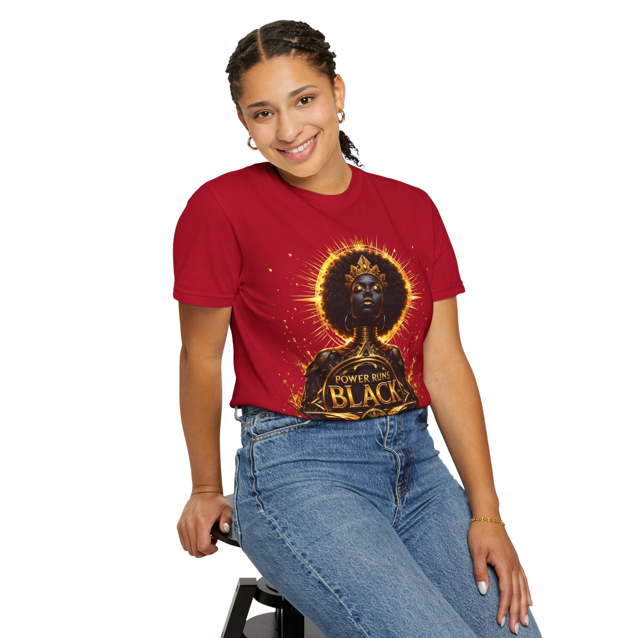 Power Runs Black goddess illustration T-Shirt | Afrocentric black pride design by Power Runs Black