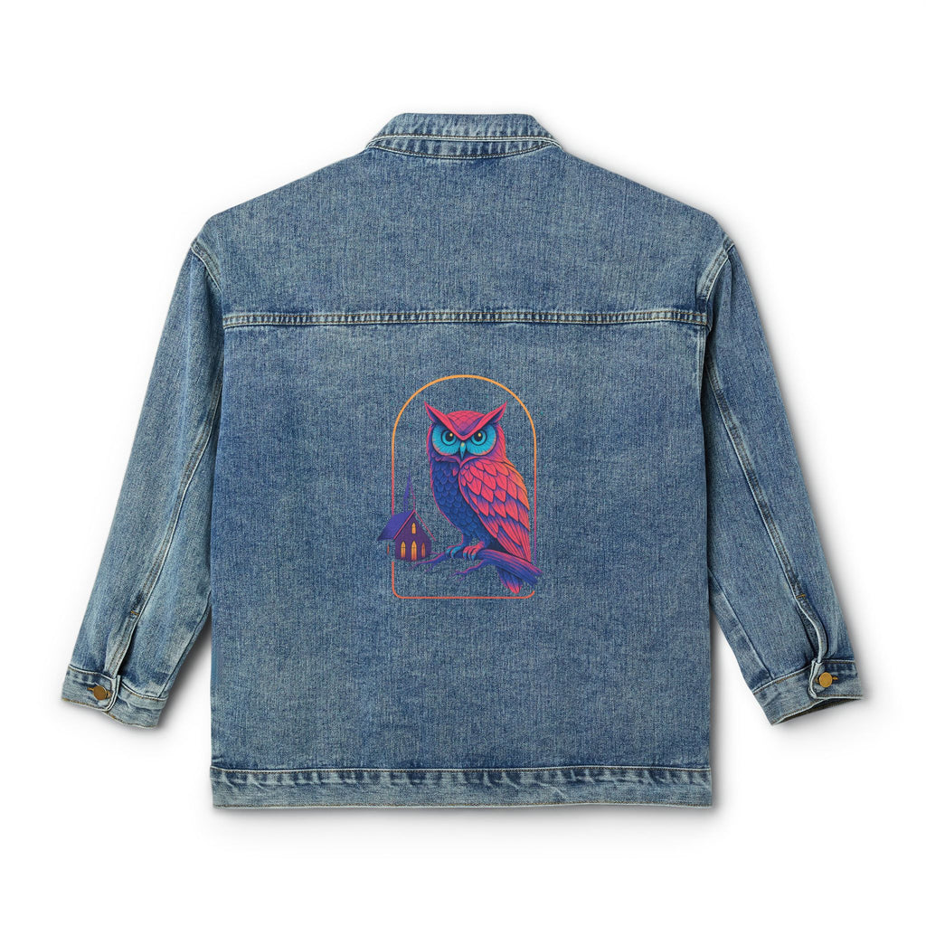 PRB Denim Jacket — Neon Owl Back Graphic Women's Jean Jacket by Power Runs Black