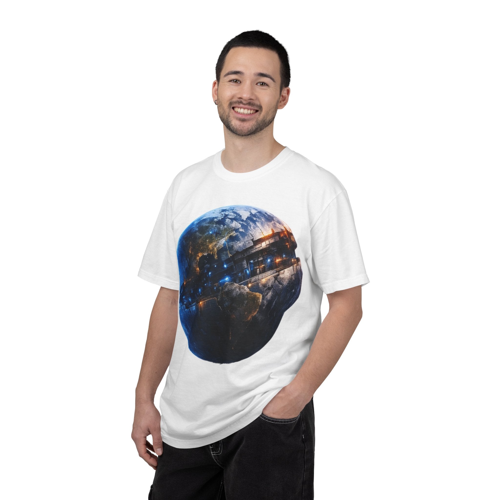 PRB Cityscape Globe T-shirt | Nighttime Earth Illustration, Urban Lights by Power Runs Black