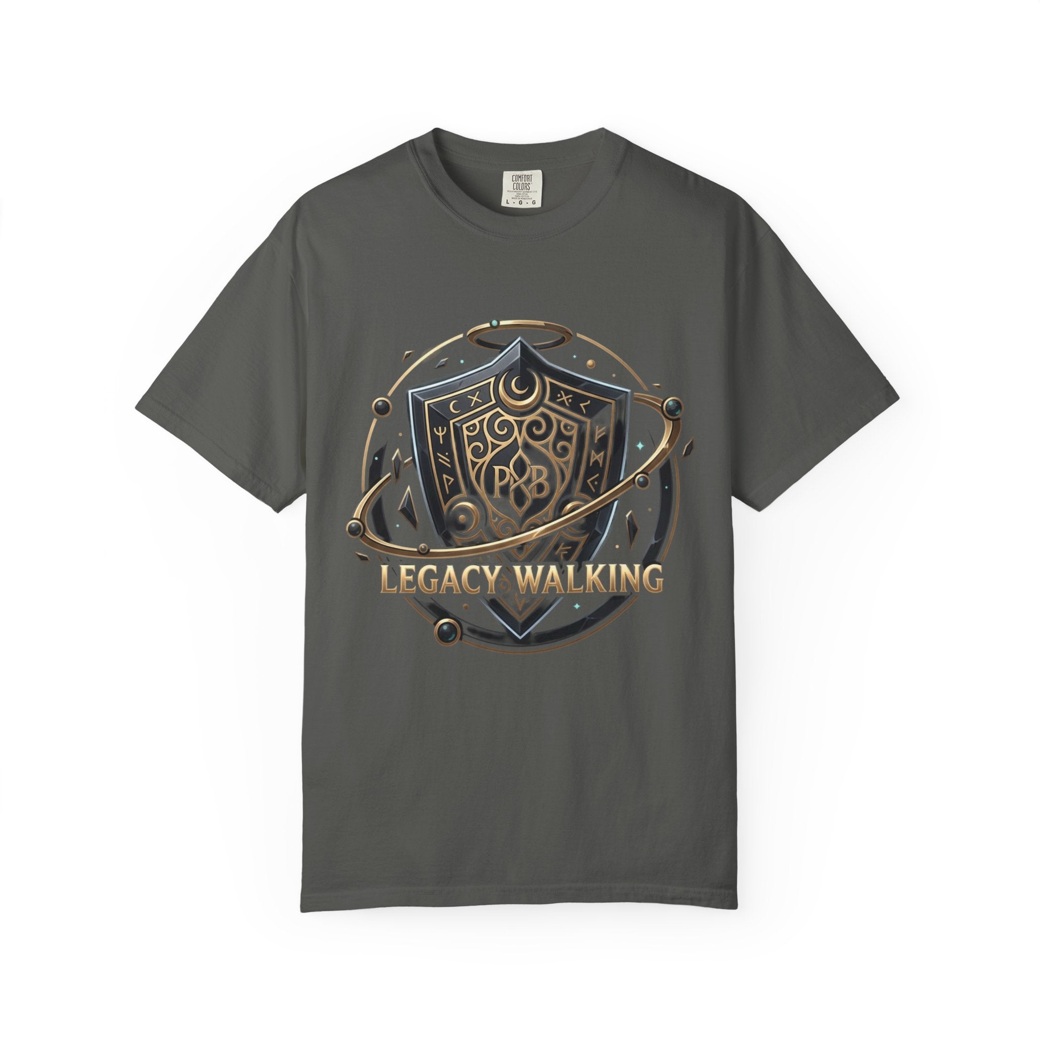 Legacy Walking Shield Graphic T-Shirt | Fantasy Crest Emblem Tee by Printify
