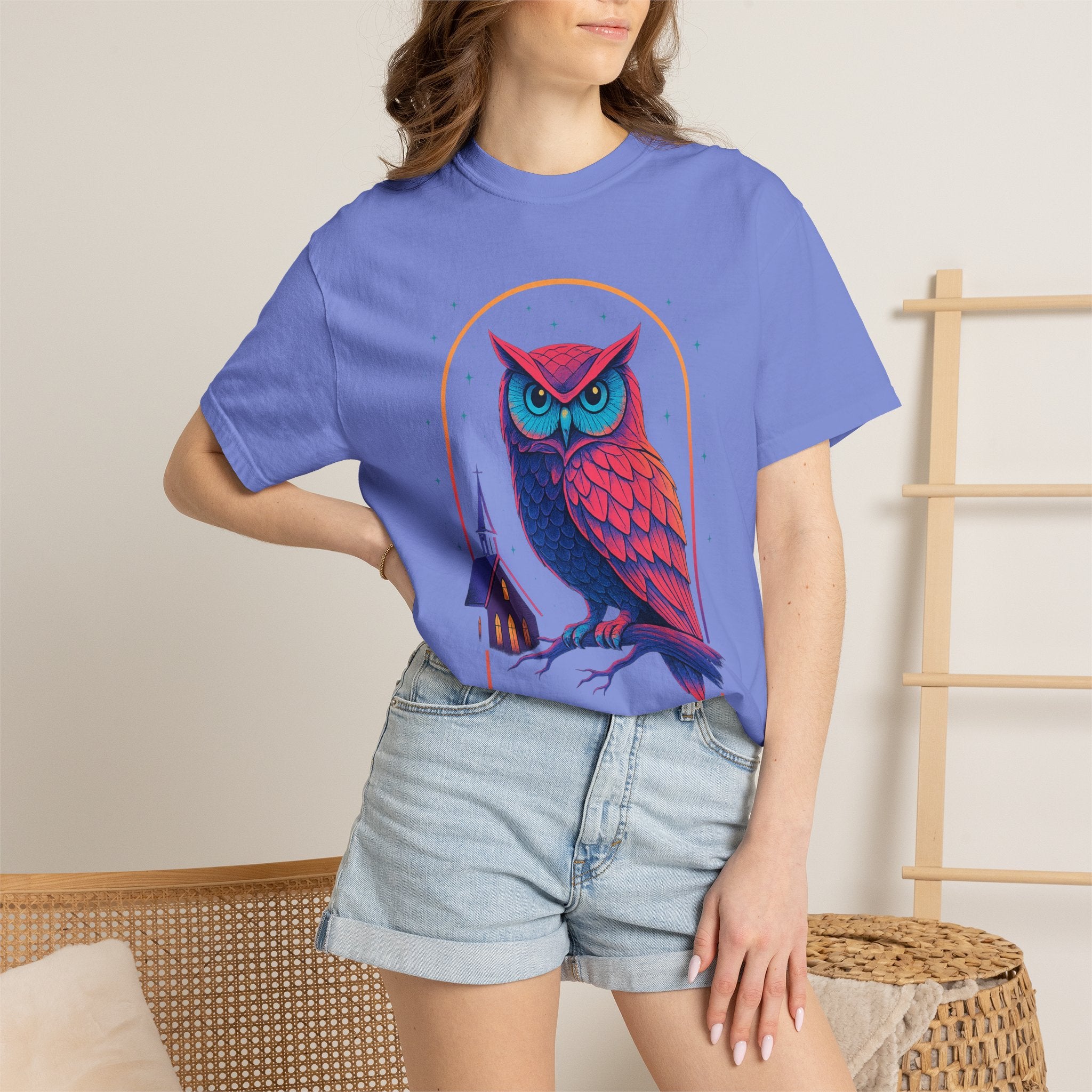 Neon Owl Illustration T-Shirt | Night Church Graphic Tee by Printify